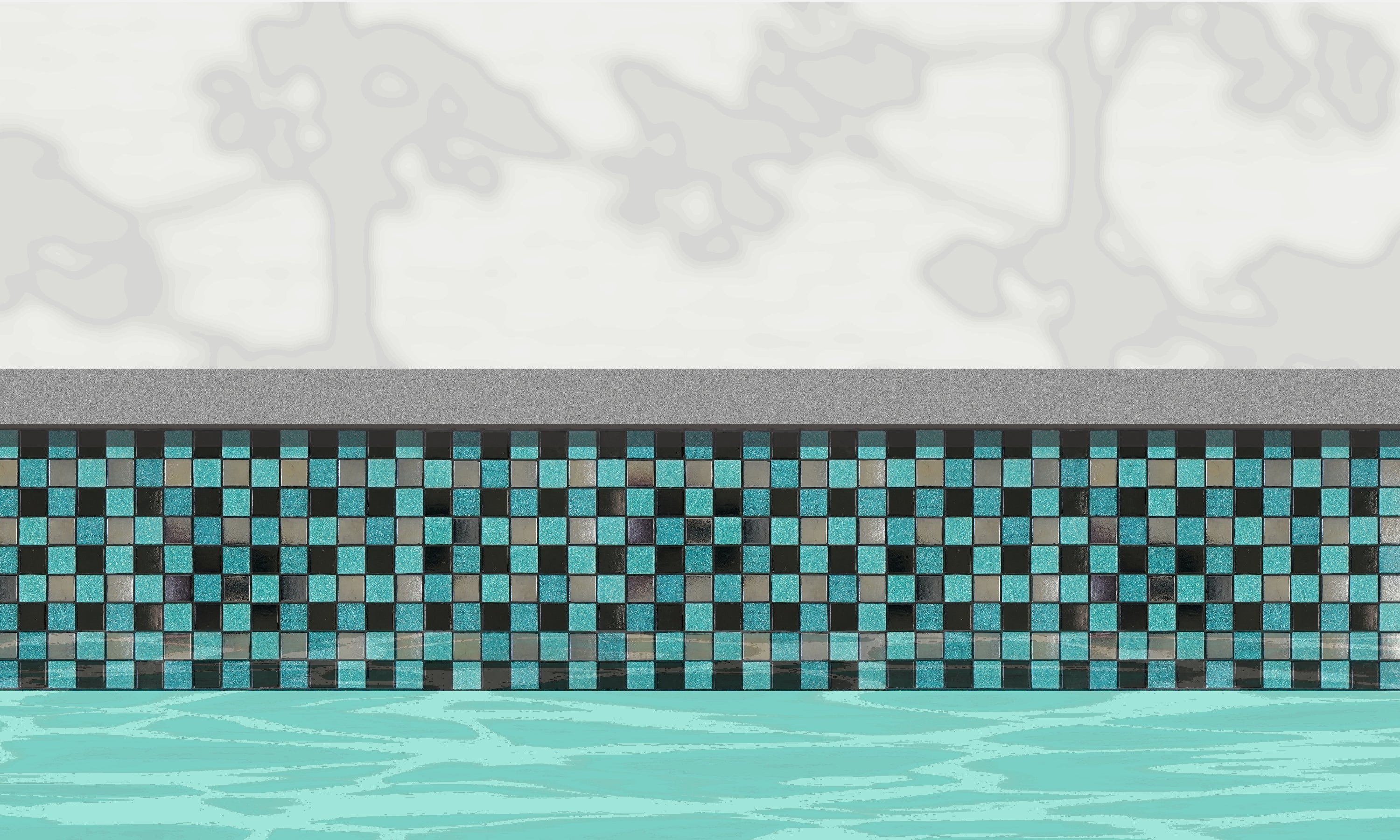 Abba N - Checkerboard glass mosaic waterline pool border tile - An illustration of glossy black, teal and metallic silver installed along a pool edge, with blue water below and a plant shadow above.