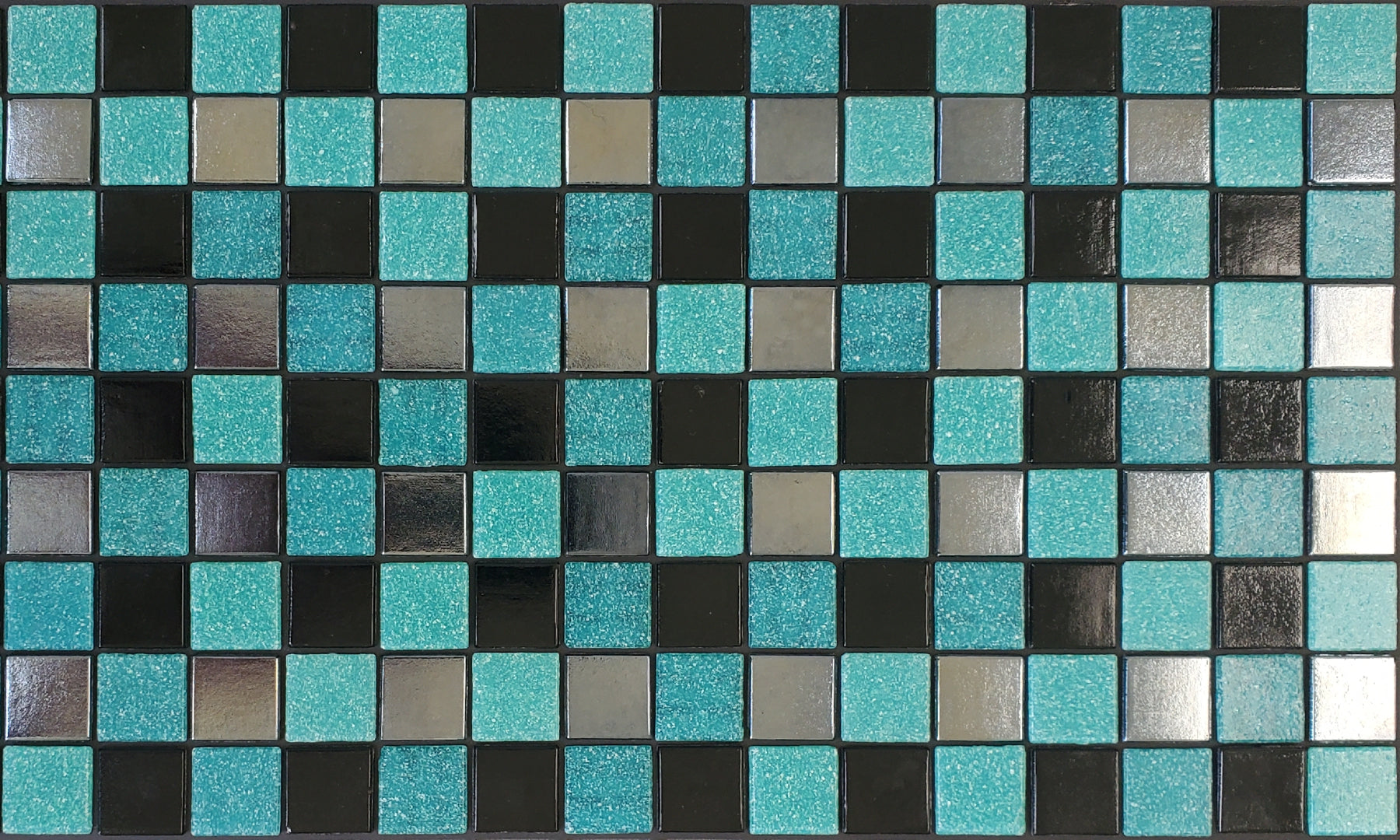 Abba N - Checkerboard glass mosaic waterline pool border tile - glossy black, teal and metallic silver.