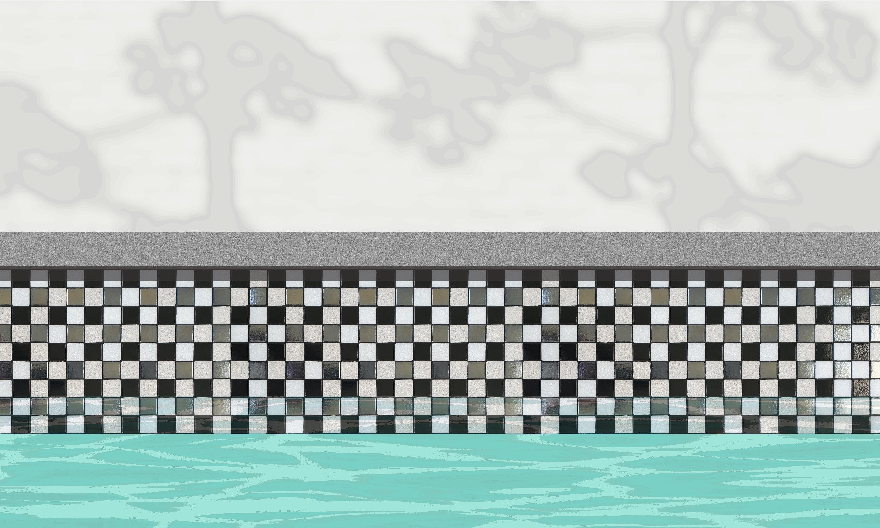 Abba O - Checkerboard glass mosaic waterline pool border tile - An illustration of white, glossy black and metallic silver tiles, installed along a pool edge, with blue water below and a plant shadow above.