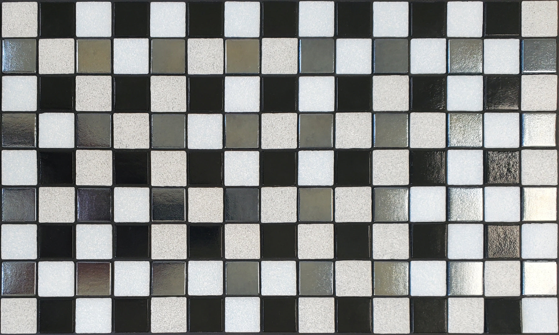 Abba O - Checkerboard glass mosaic waterline pool border tile - White, glossy black and metallic silver tiles.