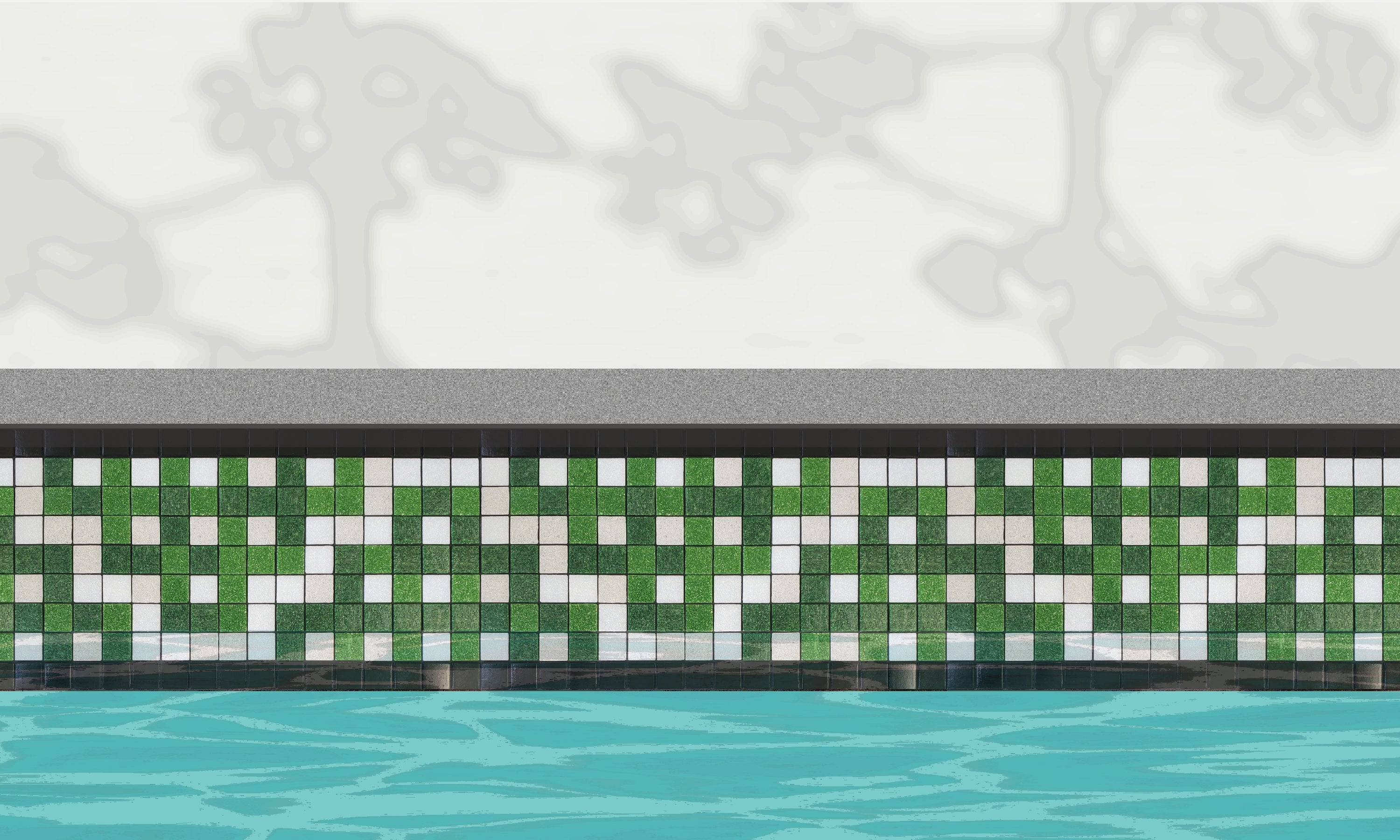 Alma  B - botanical glass mosaic waterline pool border tile - An illustration of glossy black, green and white in a garden trellis pattern installed along a pool edge, with blue water below and a plant shadow above.