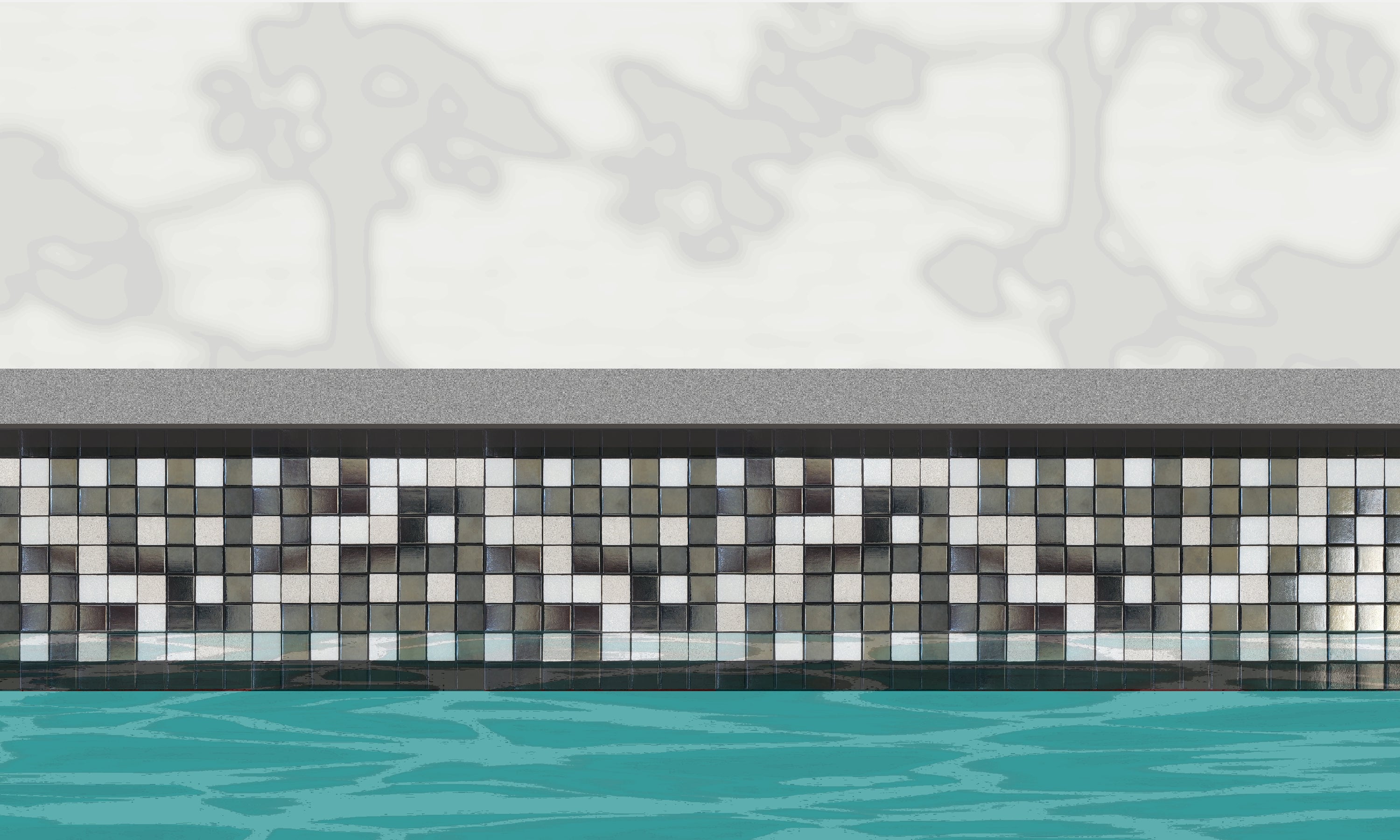 Alma  C - botanical glass mosaic waterline pool border tile - An illustration of glossy black, white and metallic silver in a garden trellis pattern installed along a pool edge, with blue water below and a plant shadow above.