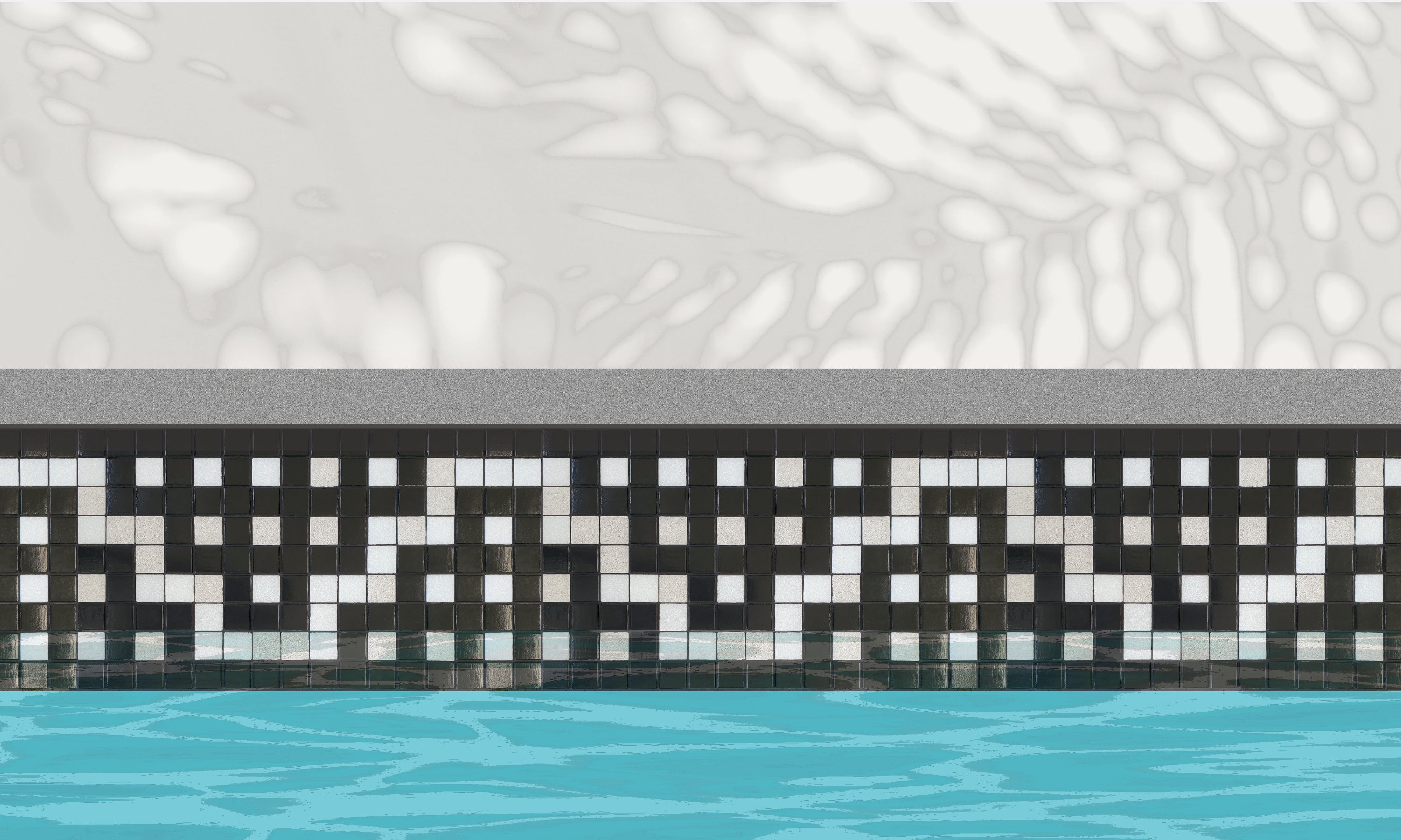 Alma  E - botanical glass mosaic waterline pool border tile - An illustration of glossy black and white in a garden trellis pattern installed along a pool edge, with blue water below and a plant shadow above.