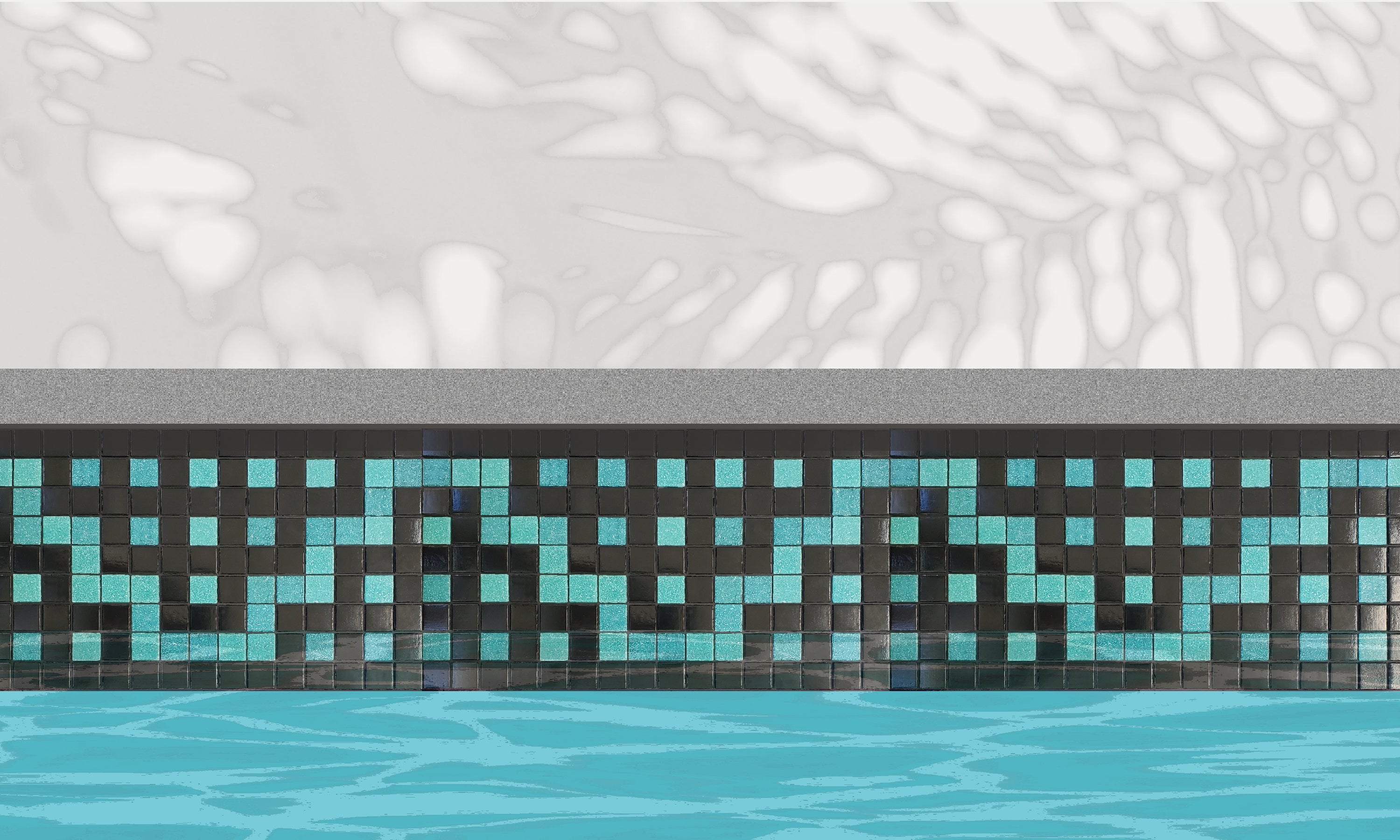 Alma  P - botanical glass mosaic waterline pool border tile - An illustration of glossy black and teal in a garden trellis pattern installed along a pool edge, with blue water below and a plant shadow above.