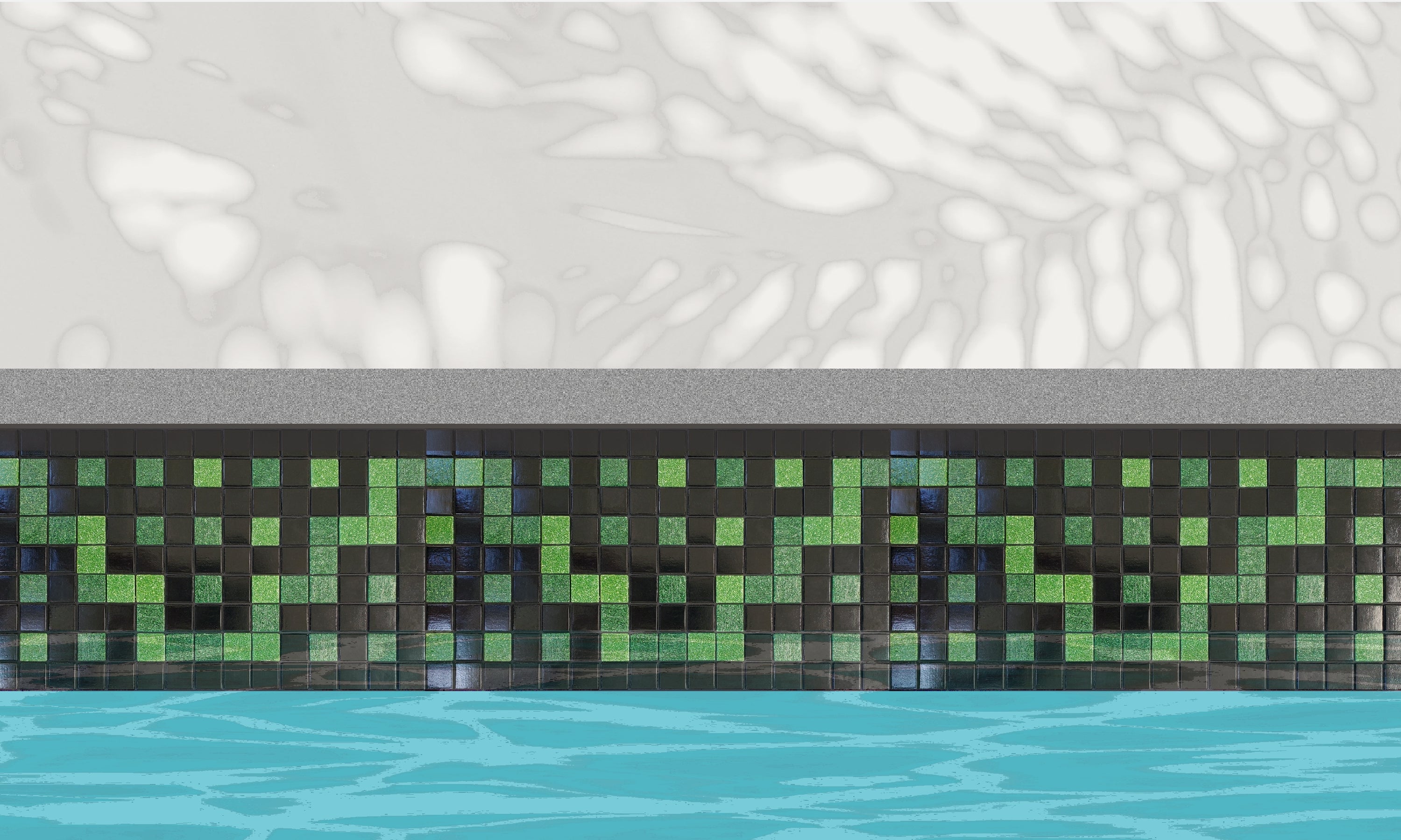 Alma  Q - botanical glass mosaic waterline pool border tile - An illustration of glossy black and green in a garden trellis pattern  installed along a pool edge, with blue water below and a plant shadow above.