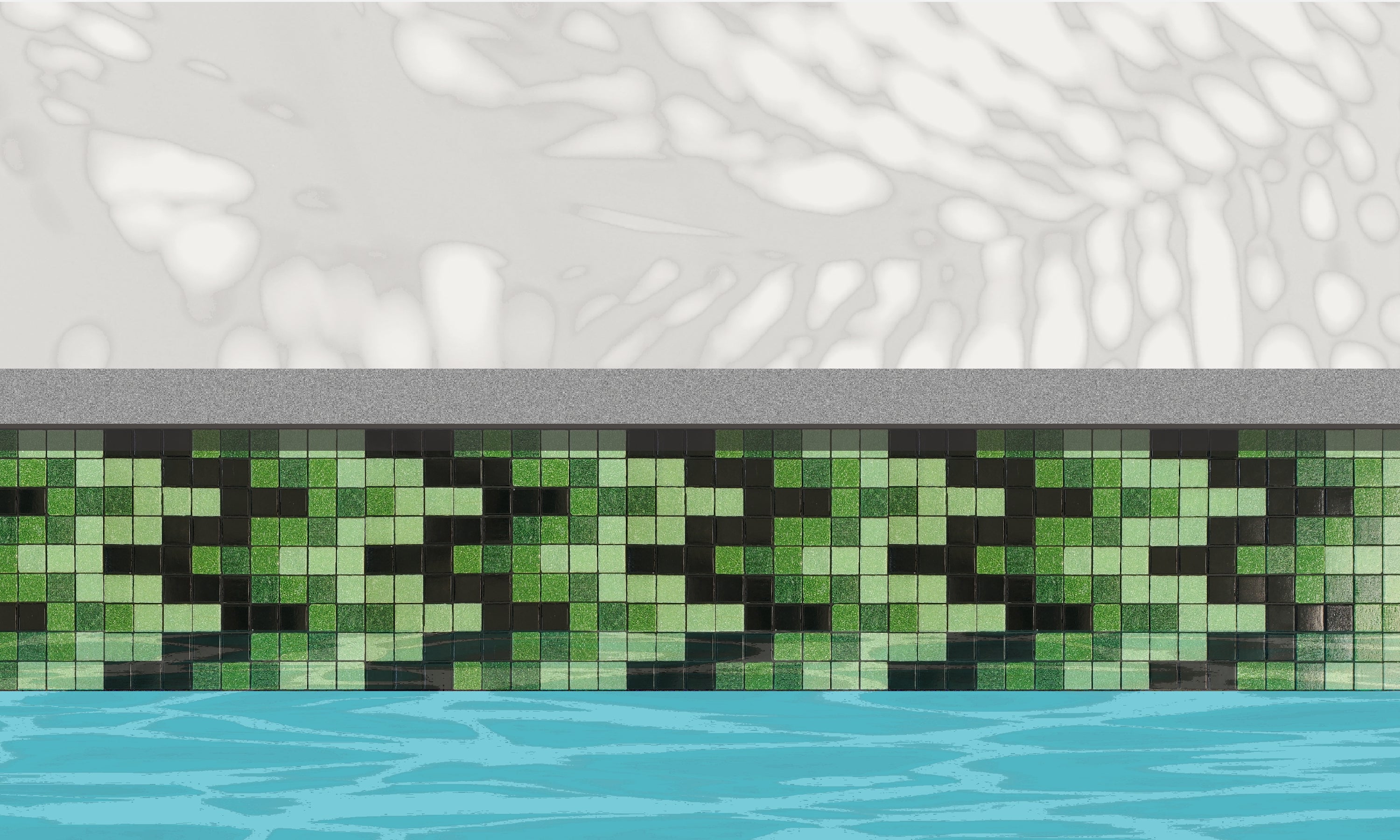 Bargello M - glass mosaic waterline pool border tile - An illustration of glossy black, bright green and light green in a rhythmic, undulating pattern installed along a pool edge, with blue water below and a plant shadow above.