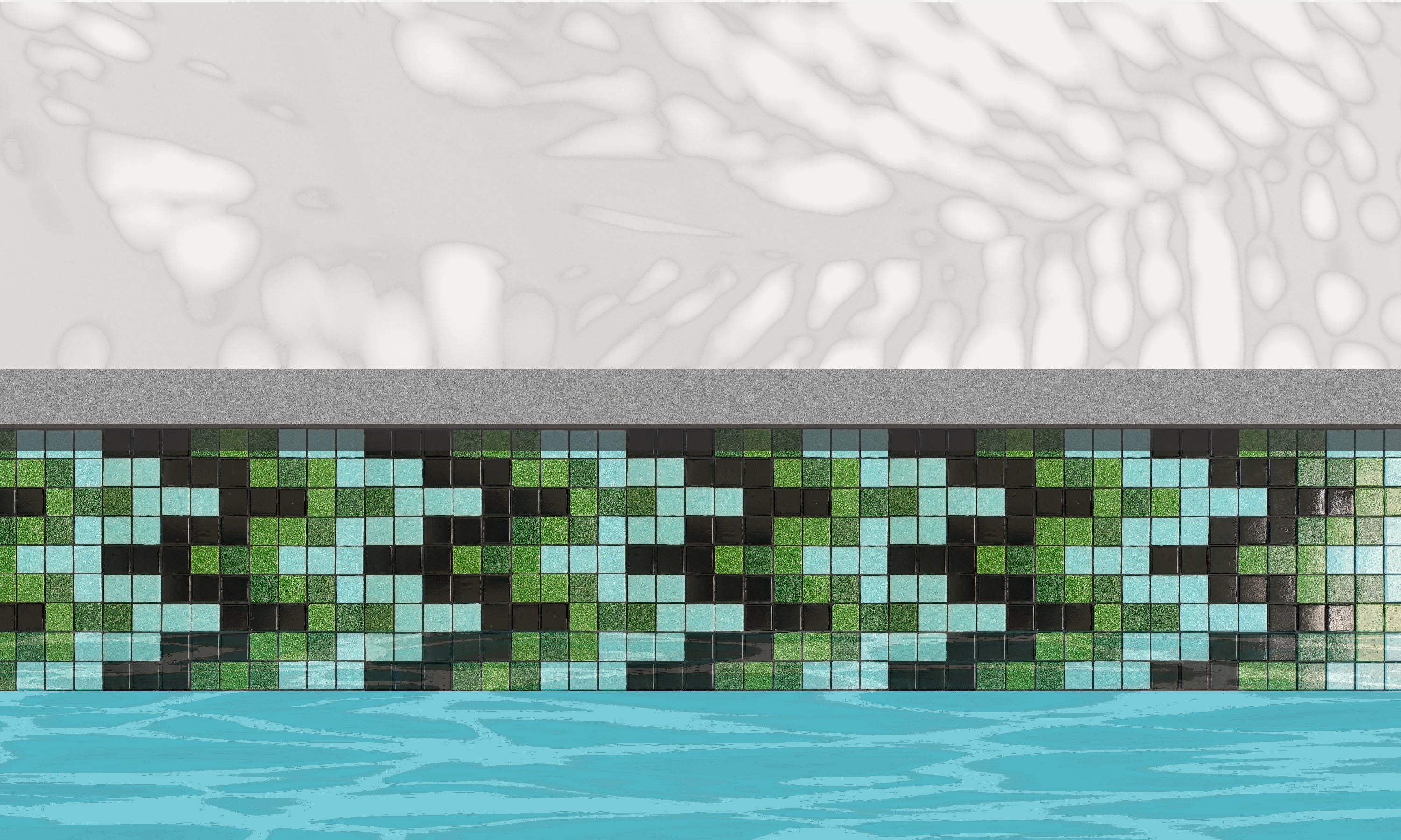 Bargello N - glass mosaic waterline pool border tile - An illustration of glossy black, light blue and green in a rhythmic, undulating pattern installed along a pool edge, with blue water below and a plant shadow above.
