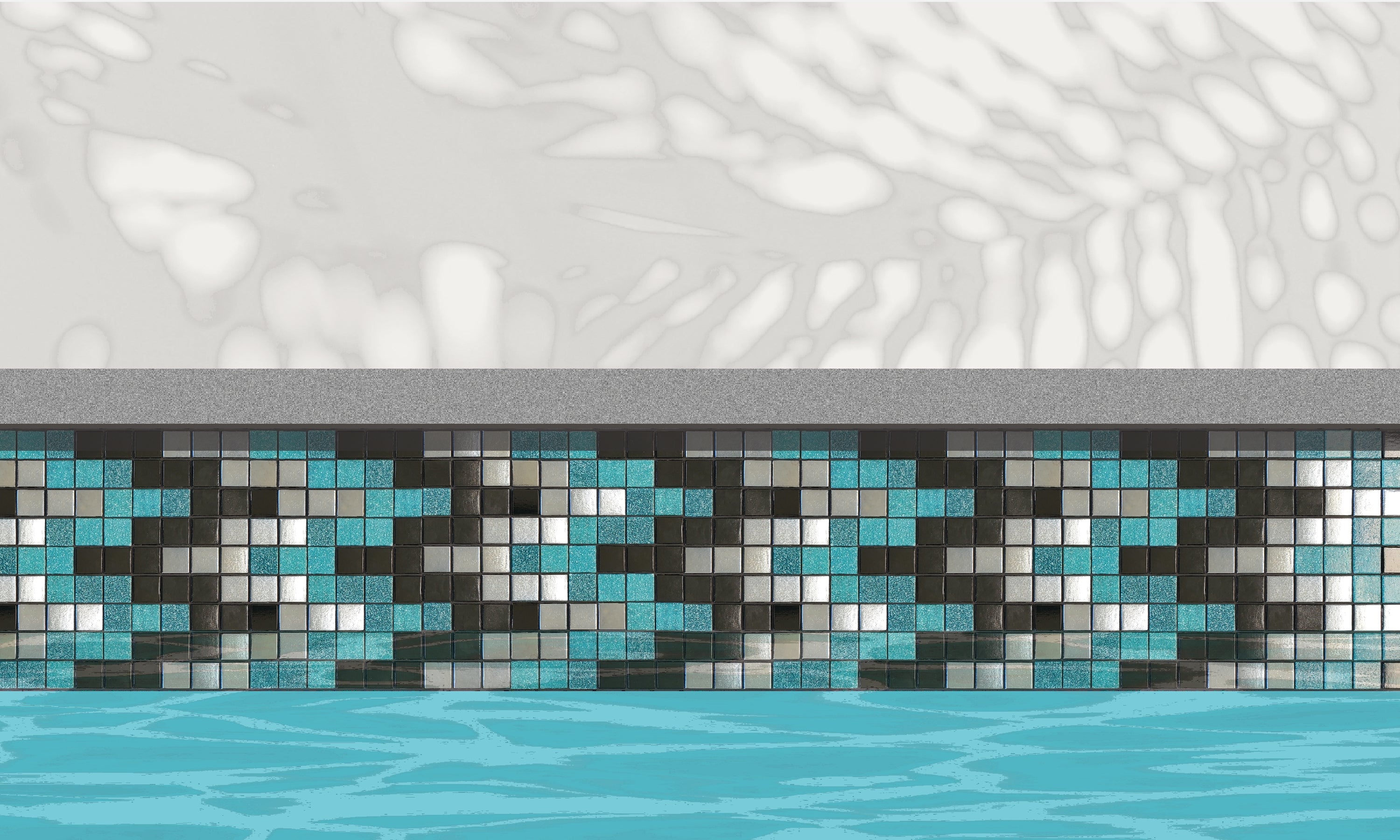 Bargello Q - glass mosaic waterline pool border tile - An illustration of glossy black, teal and metallic silver in a rhythmic, undulating pattern  installed along a pool edge, with blue water below and a plant shadow above.