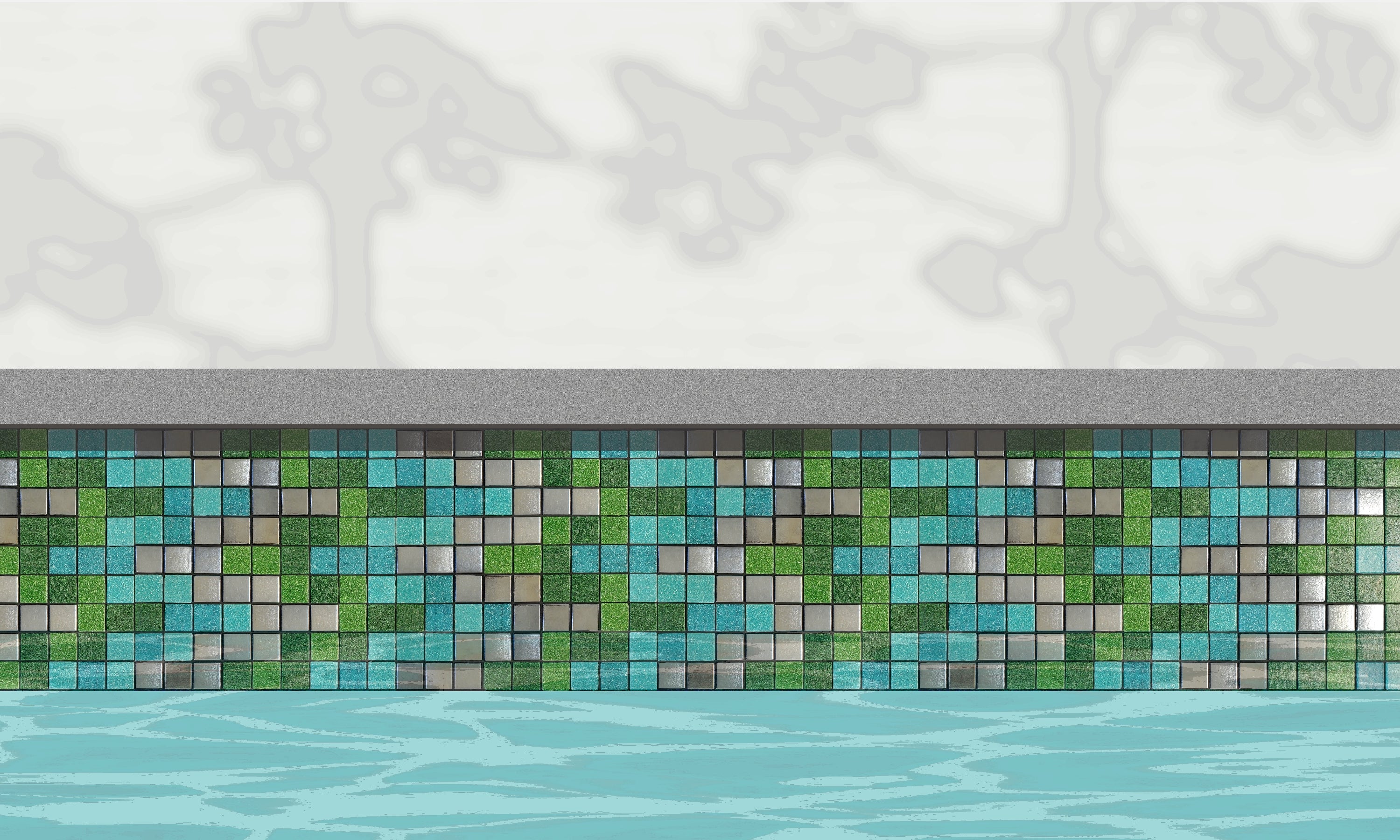 Bargello S - glass mosaic waterline pool border tile - An illustration of green, teal and metallic silver tile in a rhythmic, undulating pattern installed along a pool edge, with blue water below and a plant shadow above.