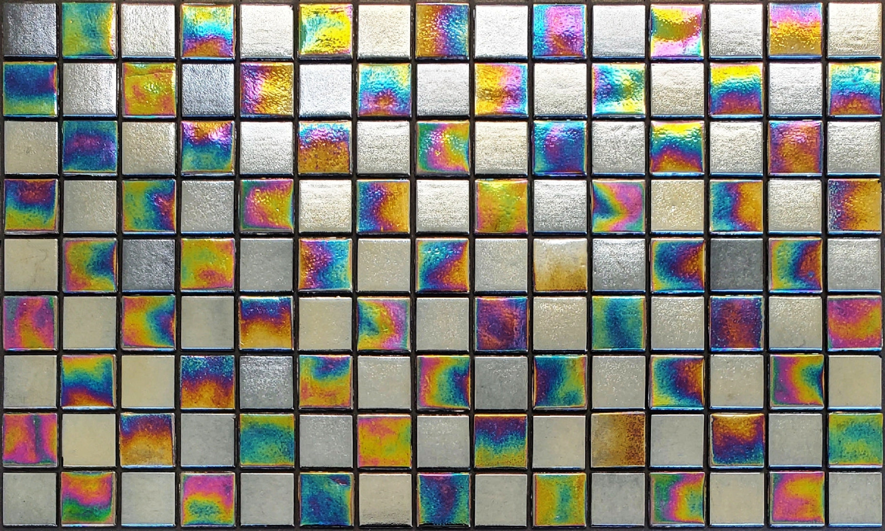 Gambit-1 G - checkerboard glass mosaic waterline pool border tile - iridescent and shiny metallic silver tiles. 