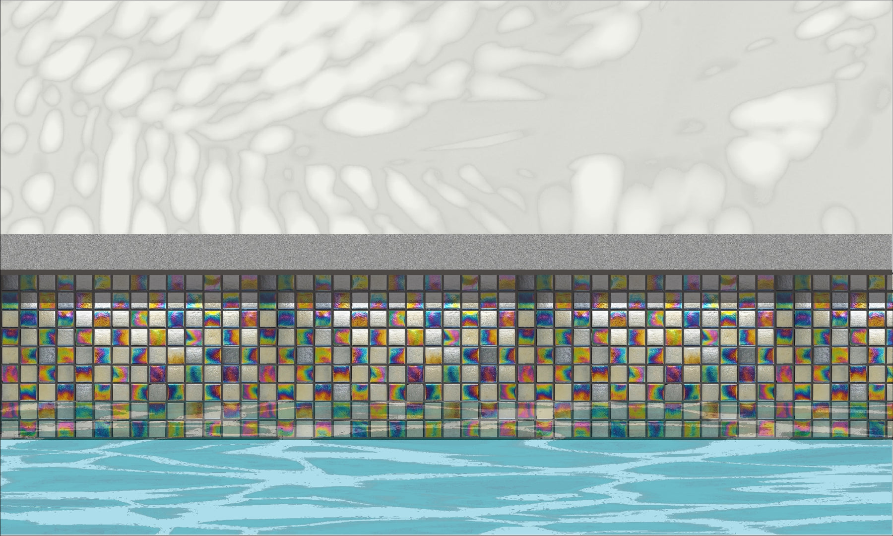 Gambit-1 G - checkerboard glass mosaic waterline pool border tile - An illustration of iridescent and shiny metallic silver tiles, installed along a pool edge, with blue water below and a plant shadow above.