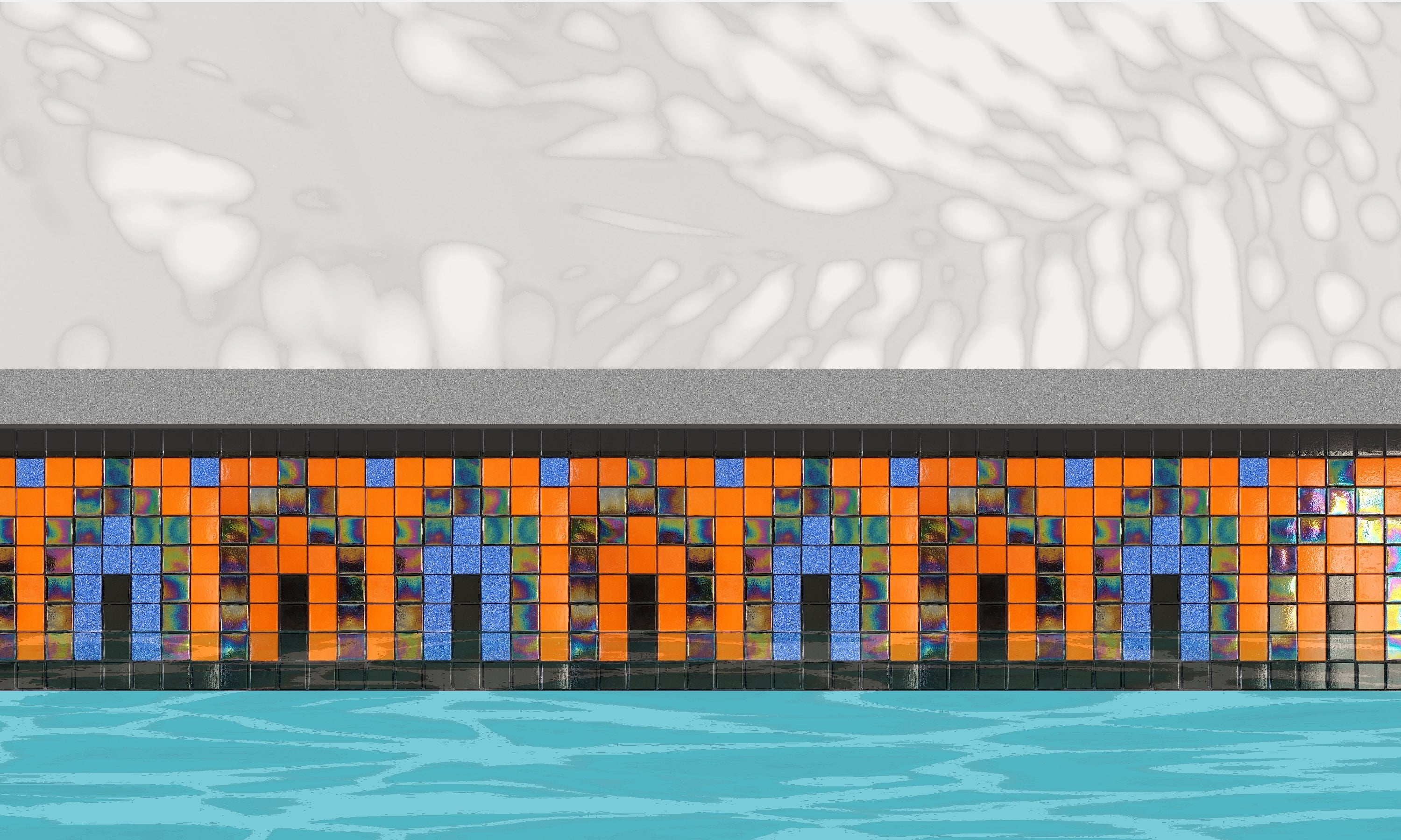 Marrakech A - Moroccan-inspired glass mosaic waterline pool border tile - An illustration glossy black surrounds orange, blue and iridescent archway installed along a pool edge, with blue water below and a plant shadow above.
