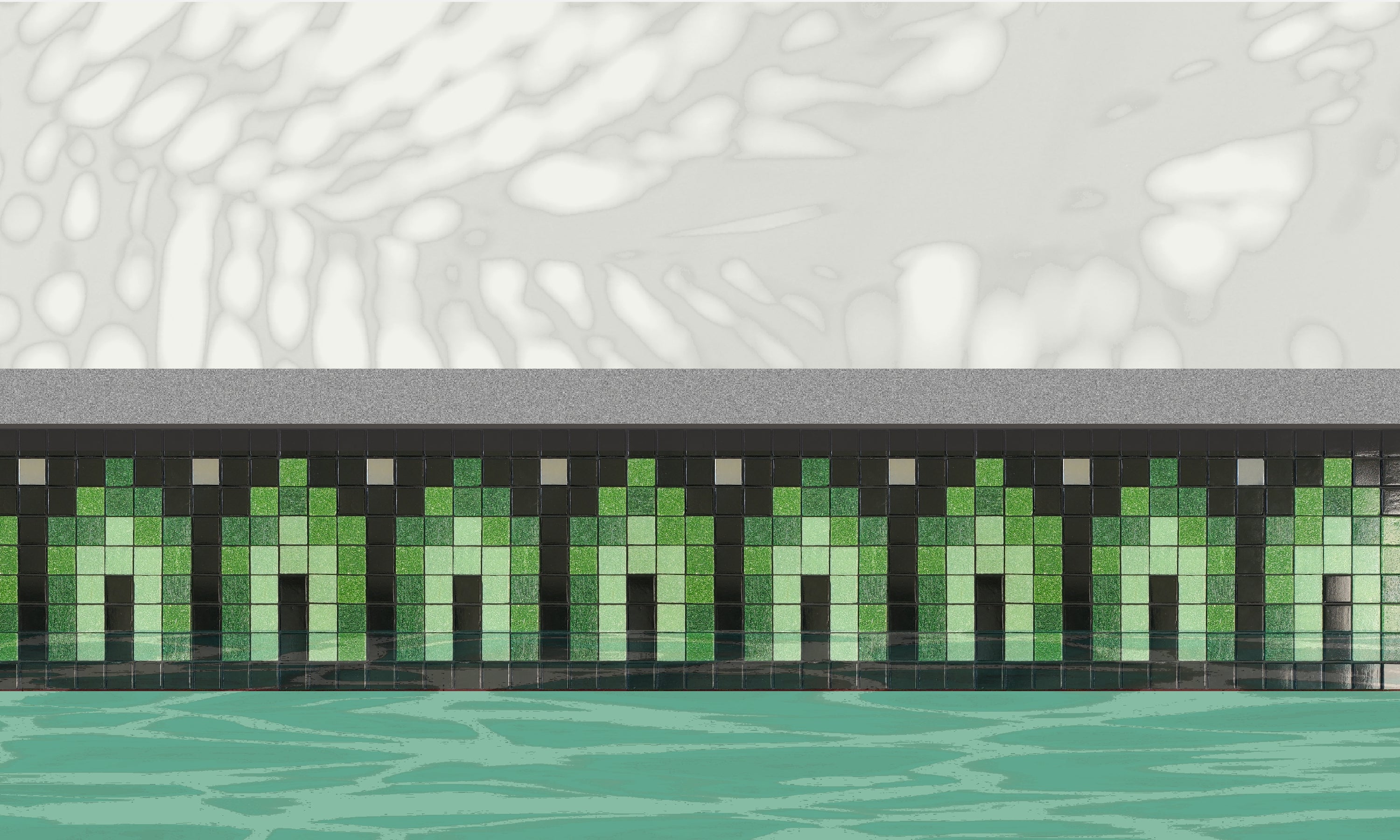 Marrakech AA - Moroccan-inspired glass mosaic waterline pool border tile - An illustration of green archways surrounded by glossy black  with metallic silver dot accents installed along a pool edge, with blue water below and a plant shadow above.