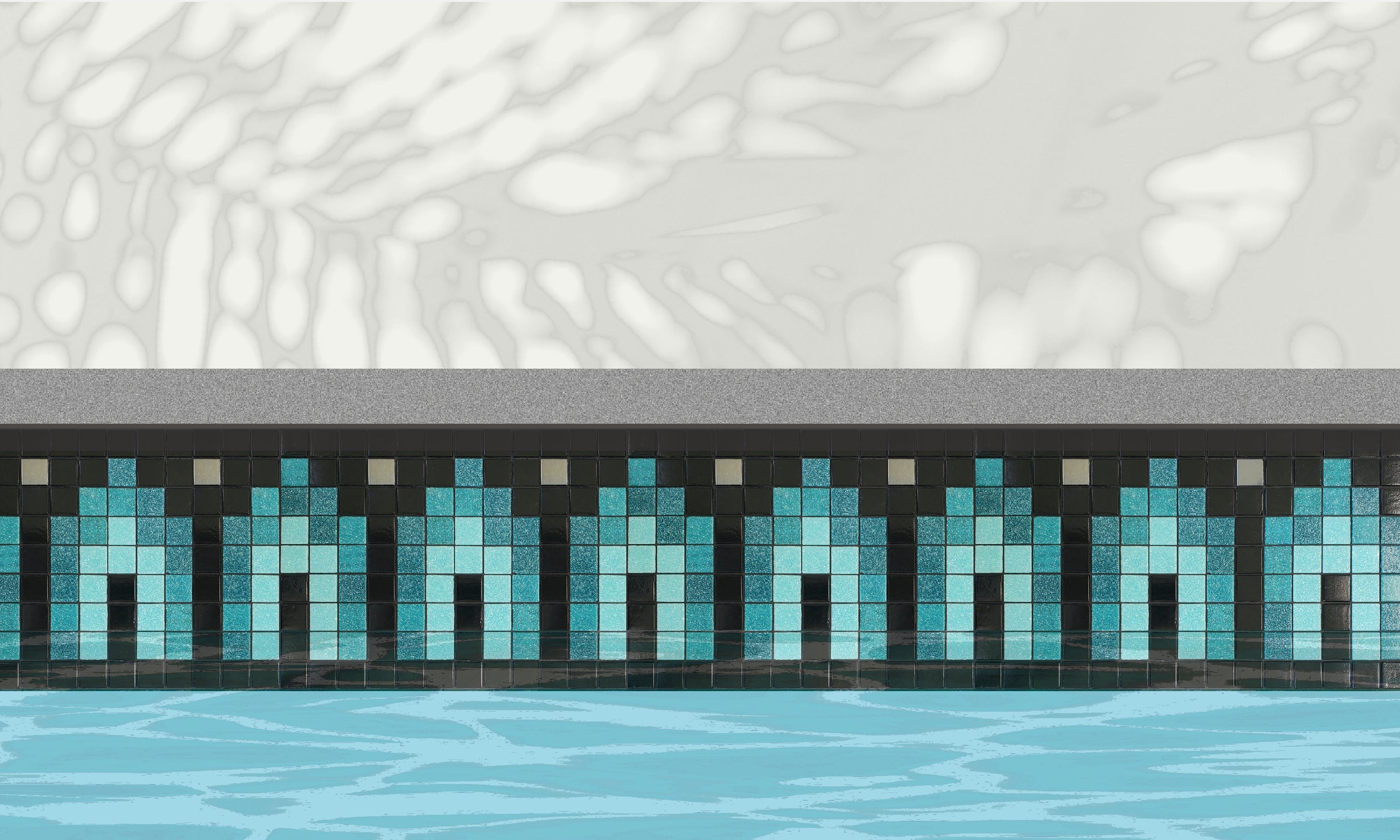 Marrakech AC - Moroccan-inspired glass mosaic waterline pool border tile - An illustration of teal and light blue archways surrounded by glossy black with metallic silver dot accents installed along a pool edge, with blue water below and a plant shadow above.