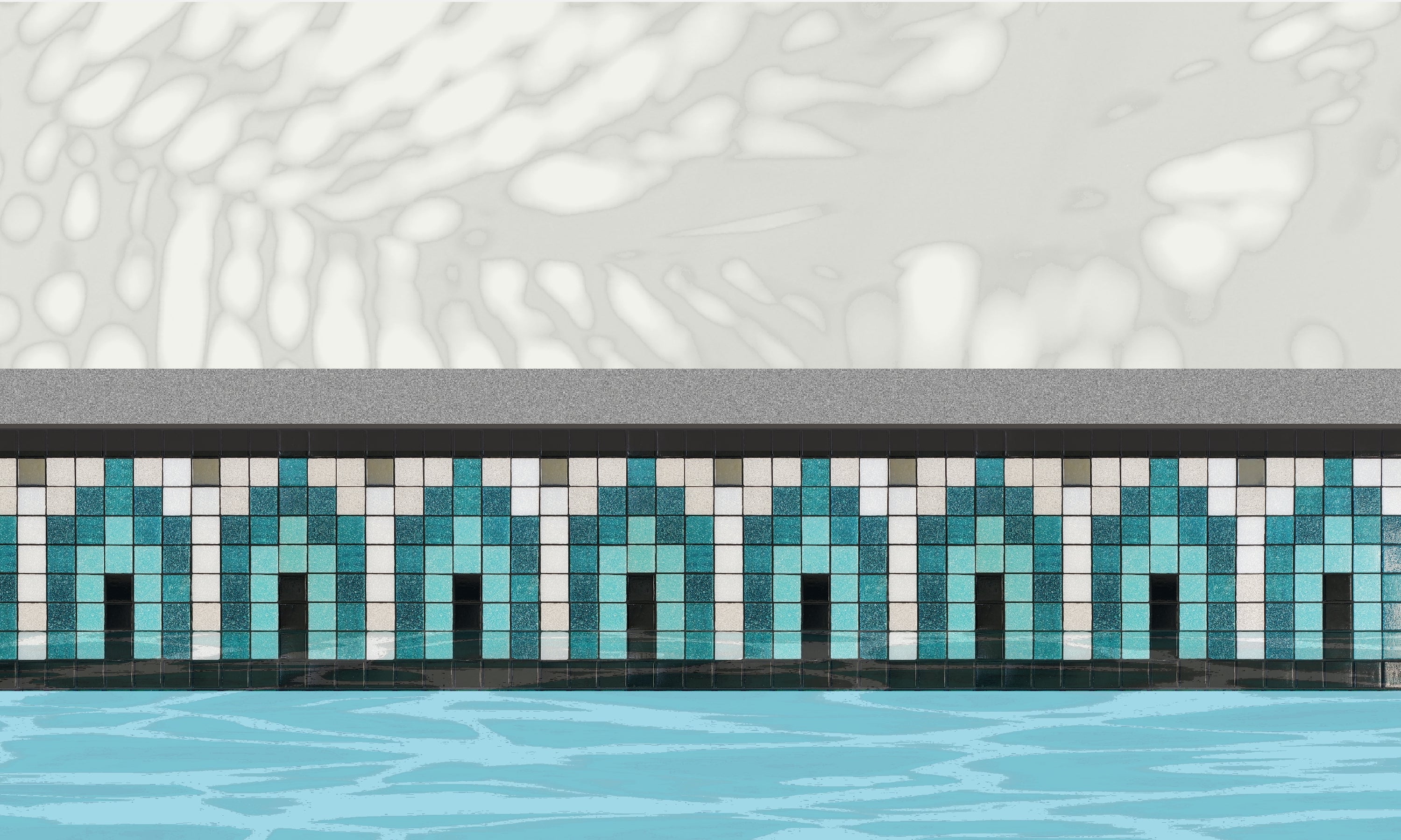 Marrakech AD - Moroccan-inspired glass mosaic waterline pool border tile - An illustration of glossy black, teal, light blue and white archways with metallic silver dot accents, installed along a pool edge with blue water below and a plant shadow above.