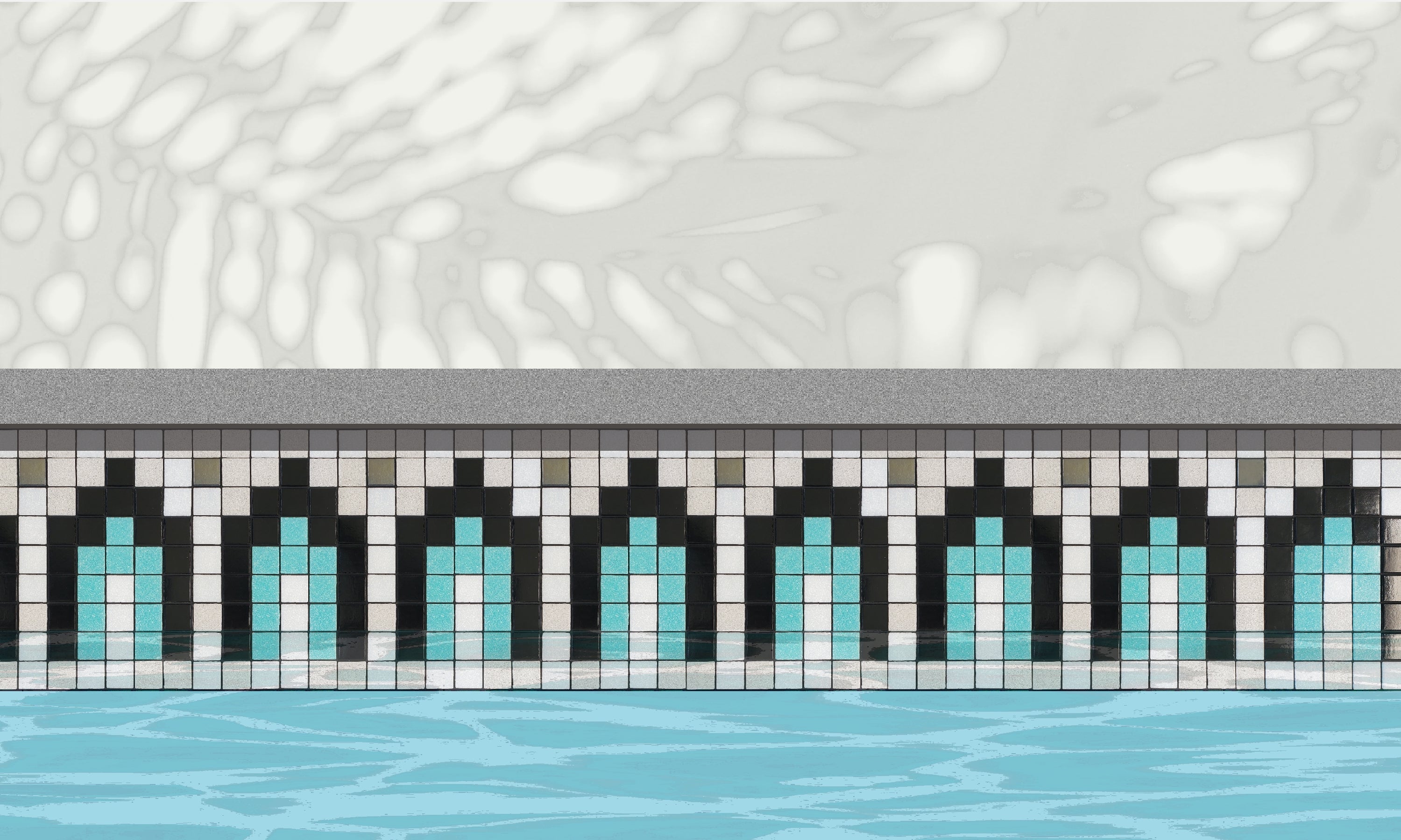 Marrakech AE - Moroccan-inspired glass mosaic waterline pool border tile - An illustration of glossy black, aqua, white archways with metallic silver dot accents, installed along a pool edge, with blue water below and a plant shadow above.