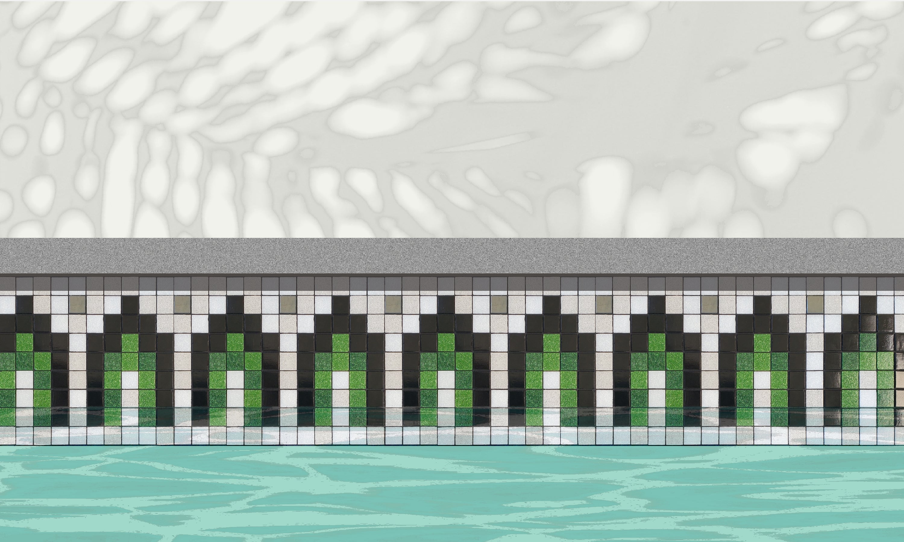 Marrakech AG - Moroccan-inspired glass mosaic waterline pool border tile - An illustration of glossy black, green, white archways with metallic silver dot accents, installed along a pool edge, with blue water below and a plant shadow above.