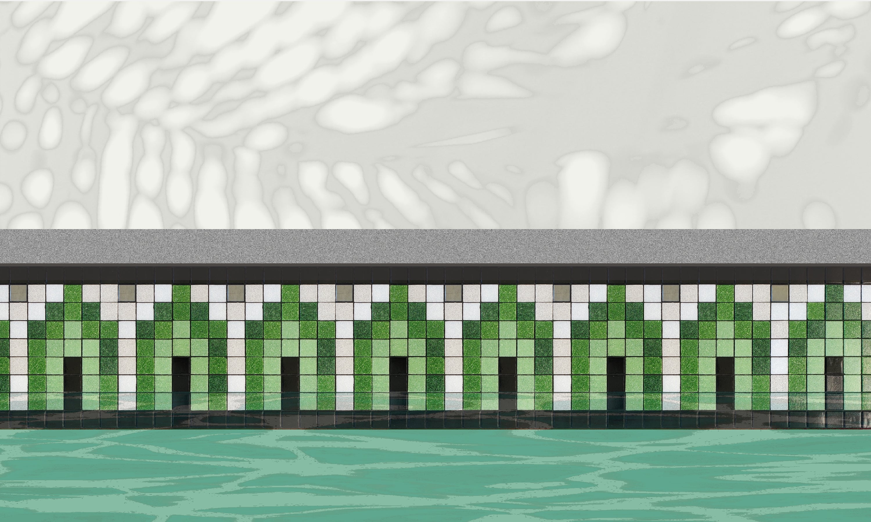 Marrakech AH - Moroccan-inspired glass mosaic waterline pool border tile - An illustration of glossy black, green, white archways with metallic silver dot accents, installed along a pool edge, with blue water below and a plant shadow above.