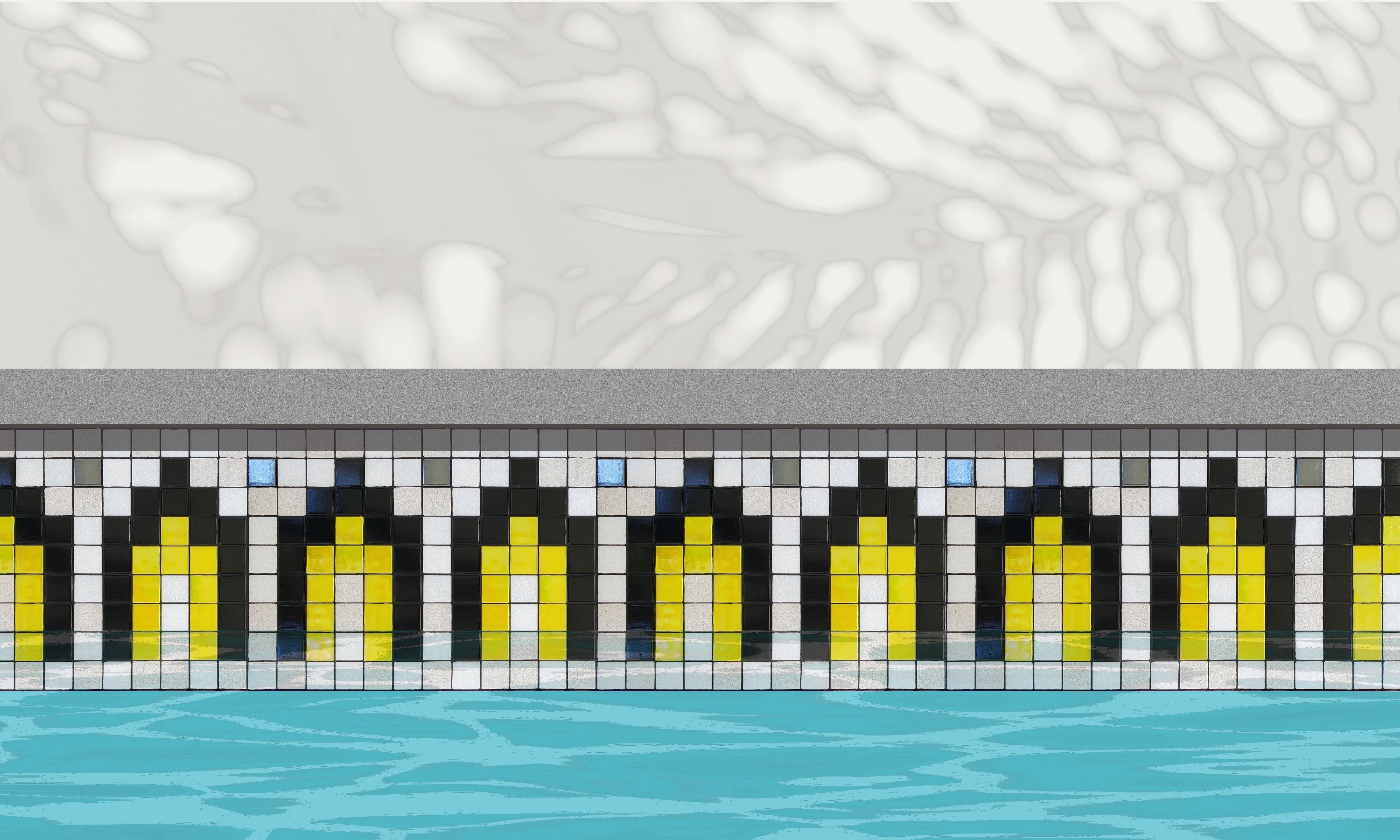 Marrakech AL - Moroccan-inspired glass mosaic waterline pool border tile - An illustration of glossy black and iridescent yellow archways surrounded by white with metallic silver dot accents installed along a pool edge, with blue water below and a plant shadow above.