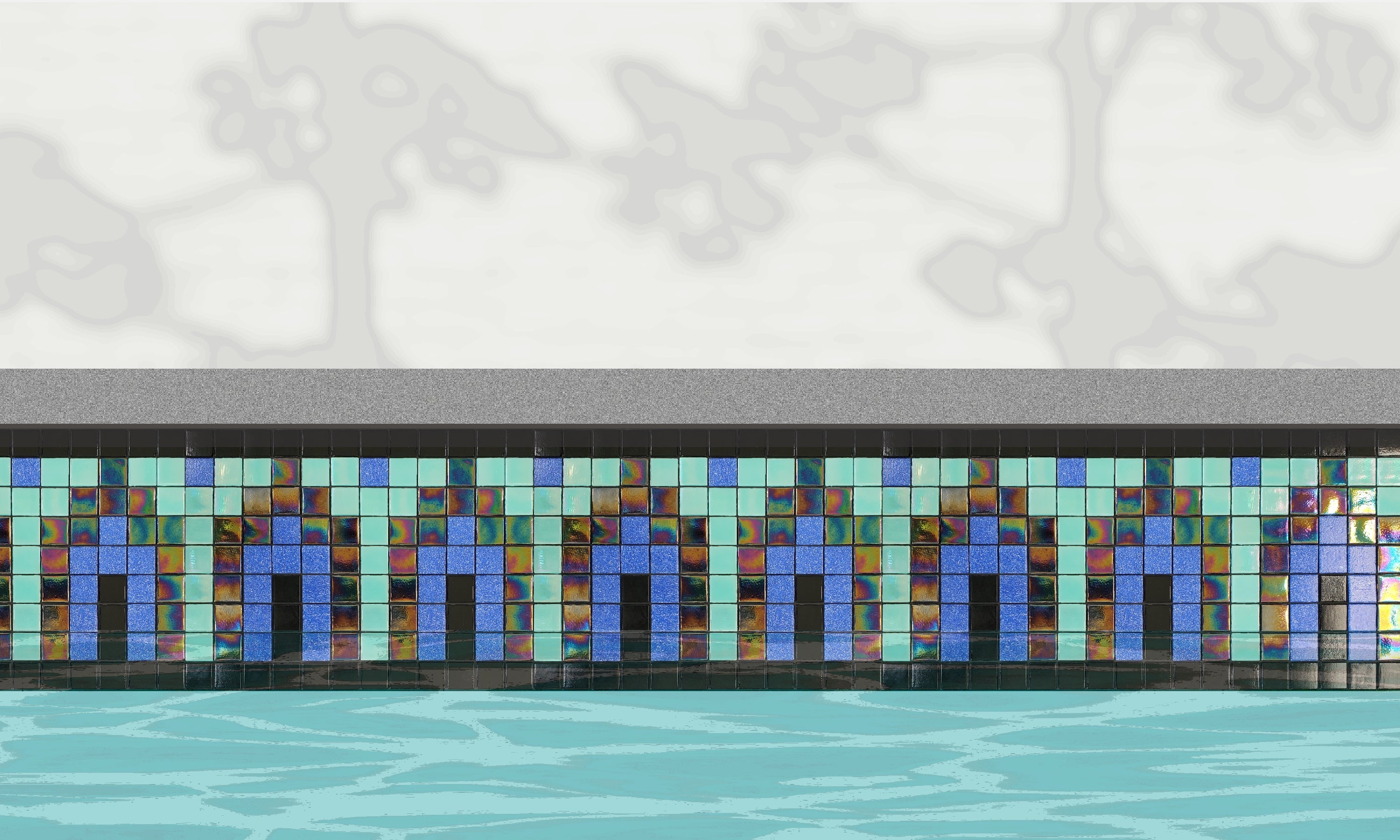 Marrakech V - Moroccan-inspired glass mosaic waterline pool border tile - An illustration of glossy black tile surrounds aqua, blue and iridescent archways installed along a pool edge, with blue water below and a plant shadow above.