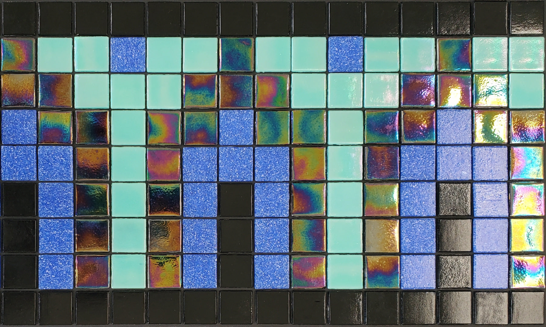 Marrakech  V - Moroccan-inspired glass mosaic waterline pool border tile - glossy black tile surrounds aqua, blue and iridescent archways.