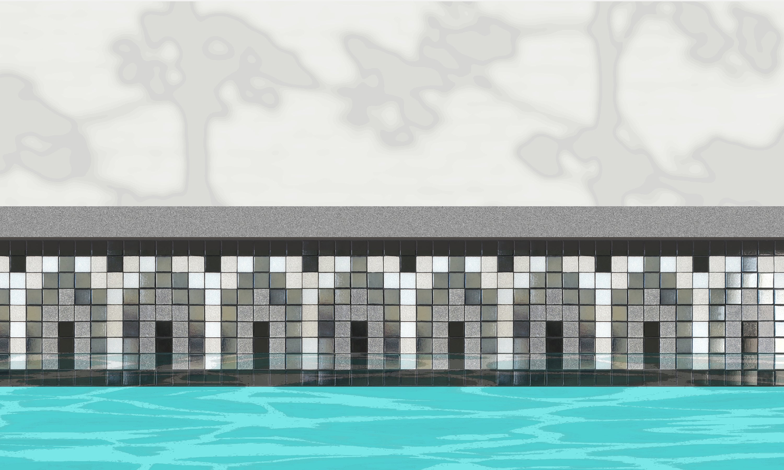Marrakech Y - Moroccan-inspired glass mosaic waterline pool border tile - An illustration of glossy black, grey, white archways with metallic silver accent dots installed along a pool edge, with blue water below and a plant shadow above.