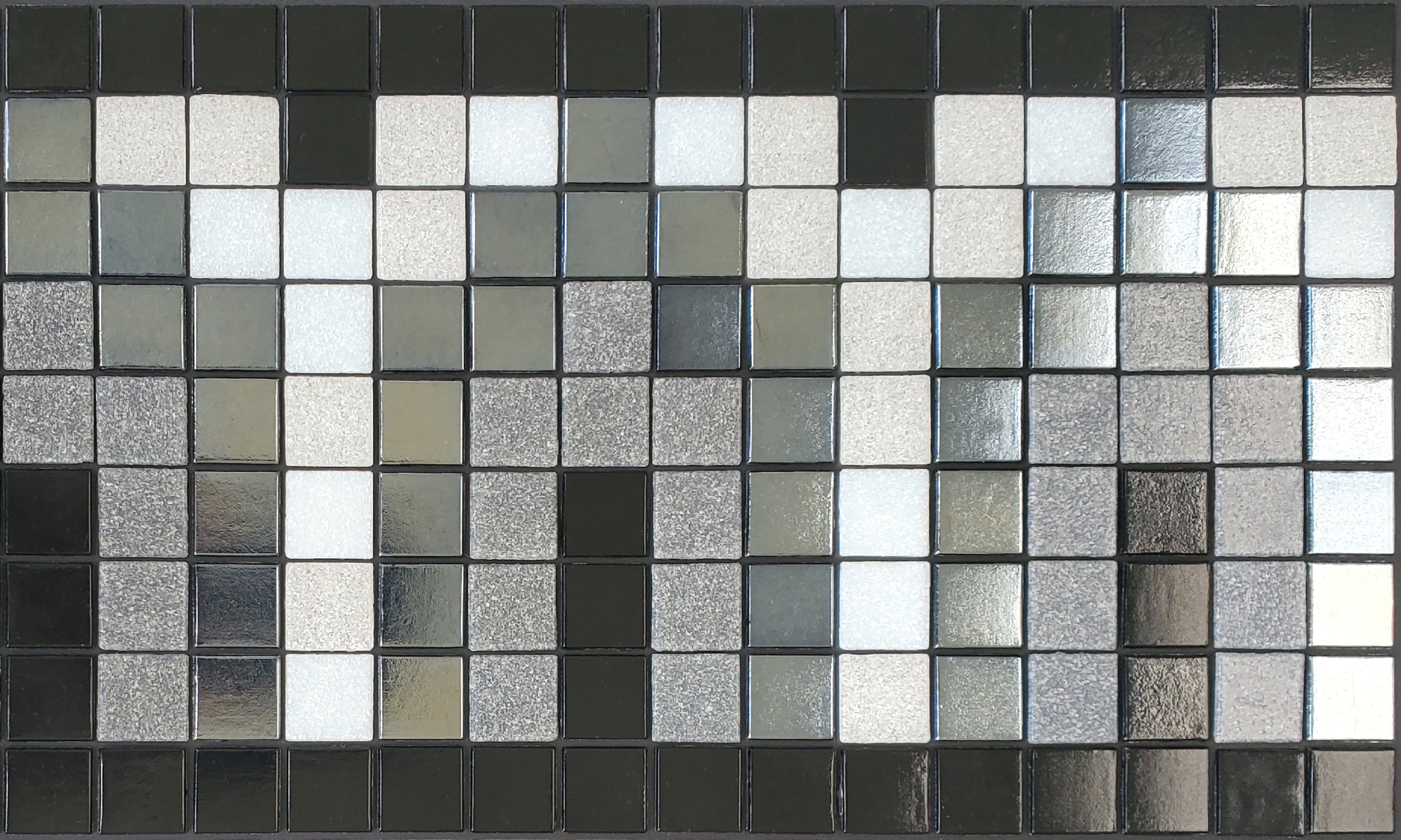 Marrakech Y - Moroccan-inspired glass mosaic waterline pool border tile - glossy black, grey, white archways with metallic silver accent dots.