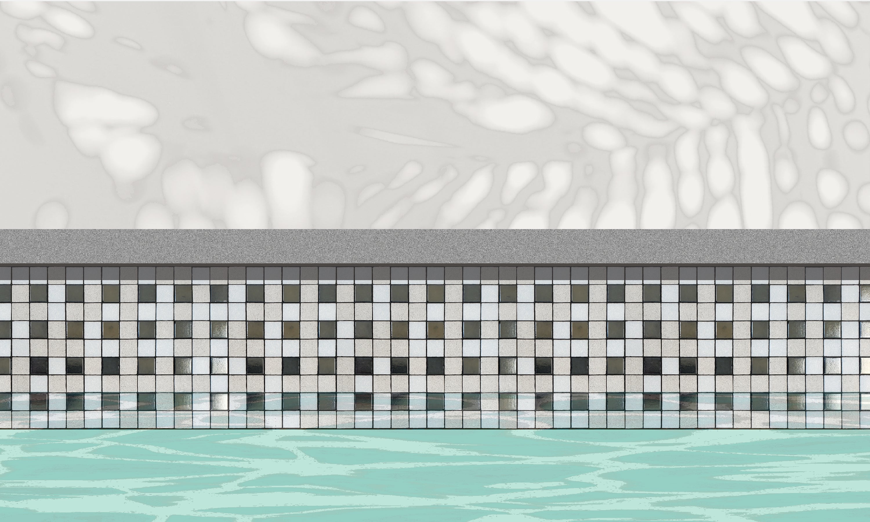 Parker A - modernism-inspired checkerboard glass mosaic waterline pool border tile - An illustration of white and metallic silver tiles in a punctuated grid installed along a pool edge, with blue water below and a plant shadow above.
