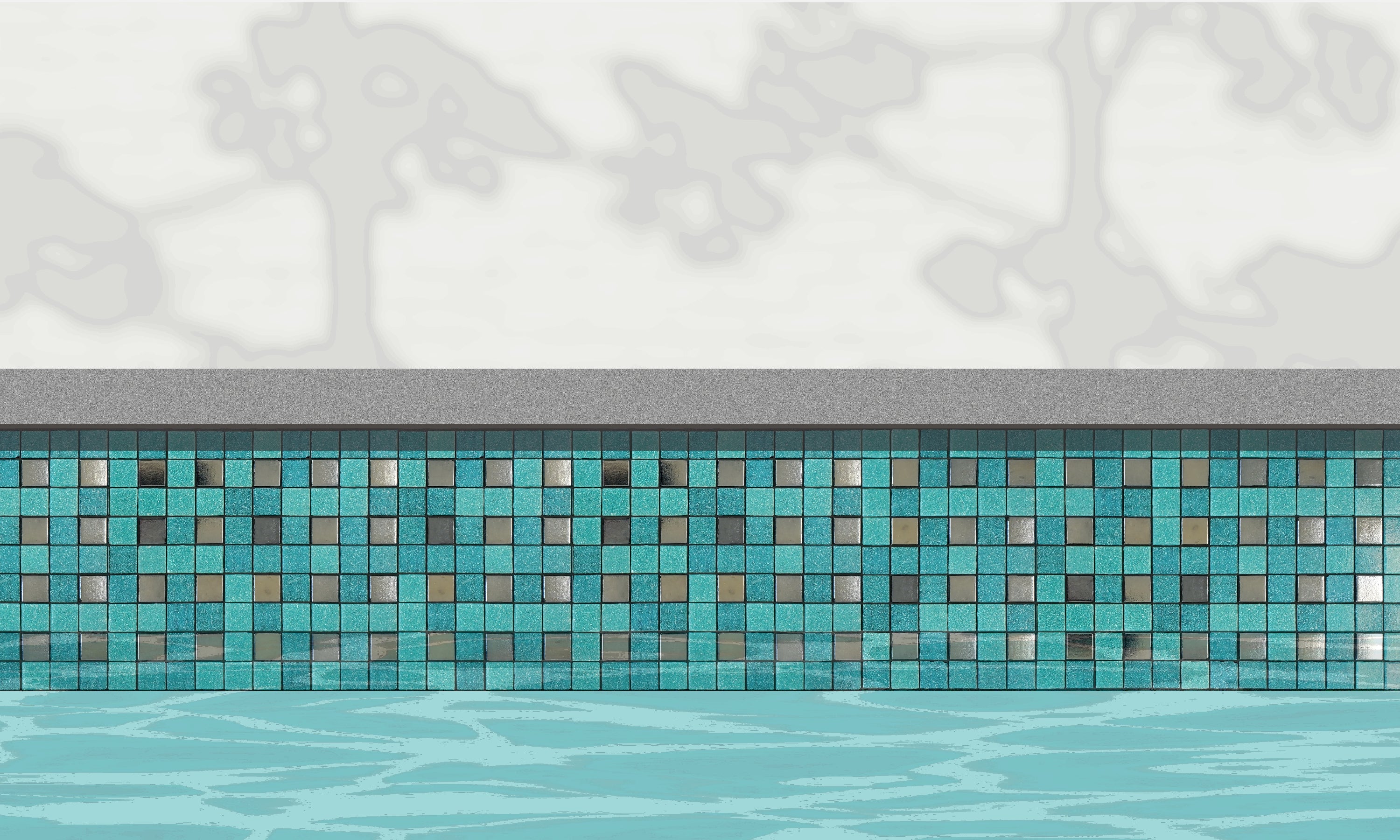 Parker B - modernism-inspired checkerboard glass mosaic waterline pool border tile - An illustration of teal and metallic silver tiles in a punctuated grid installed along a pool edge, with blue water below and a plant shadow above.