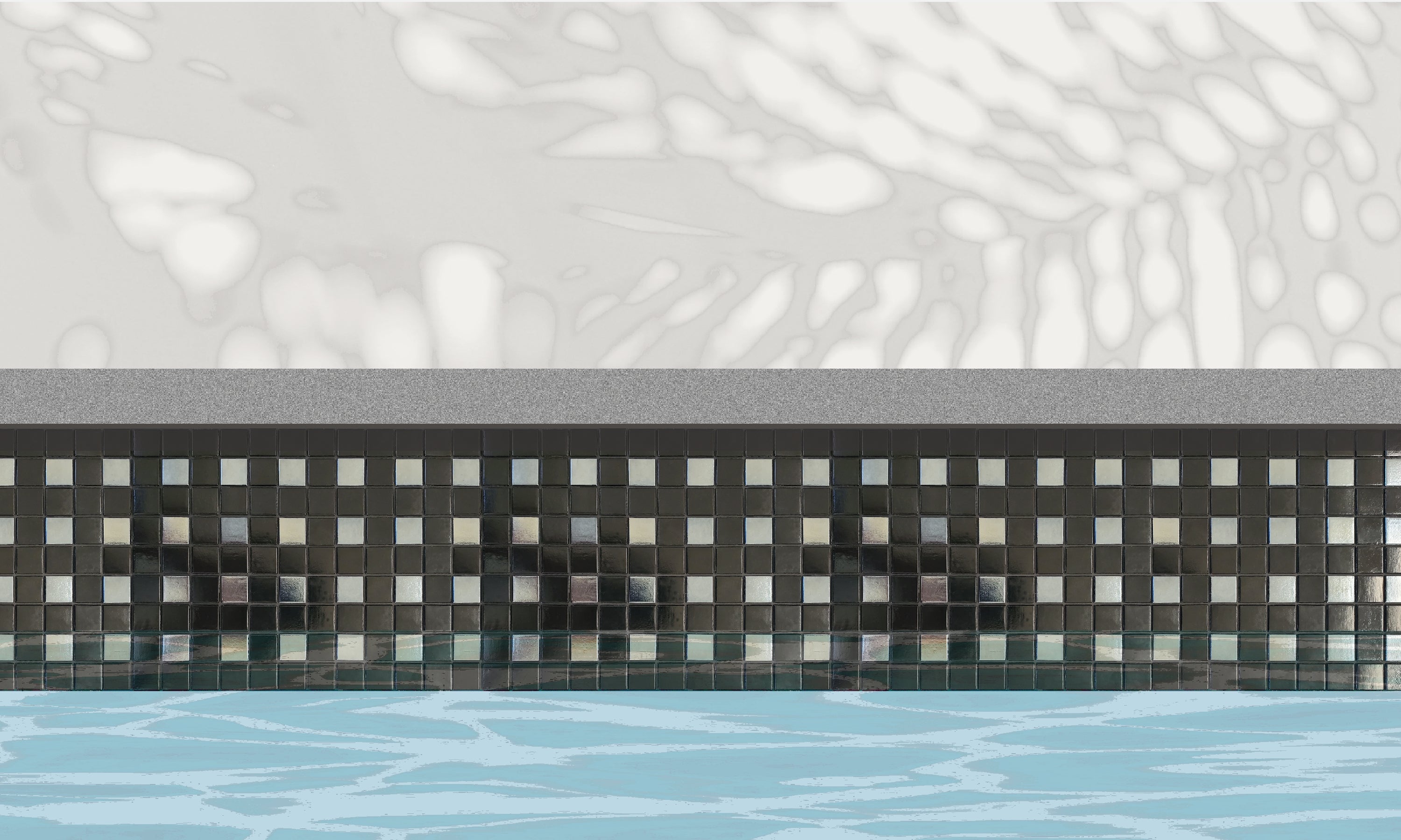 Parker C - modernism-inspired checkerboard glass mosaic waterline pool border tile - An illustration of glossy black and metallic silver tiles in a punctuated grid installed along a pool edge, with blue water below and a plant shadow above.