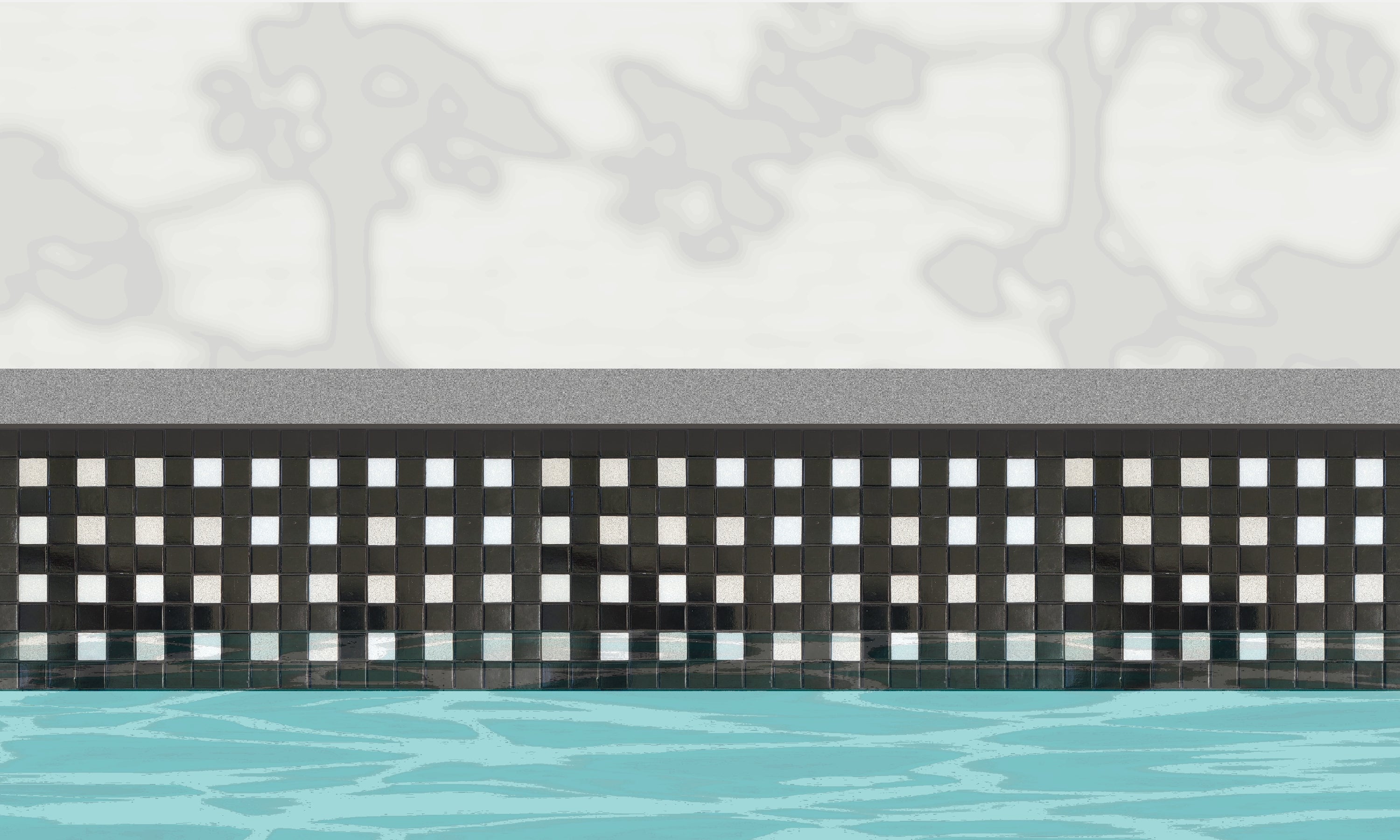 Parker D - modernism-inspired checkerboard glass mosaic waterline pool border tile - An illustration of glossy black and white tiles in a punctuated grid installed along a pool edge, with blue water below and a plant shadow above.