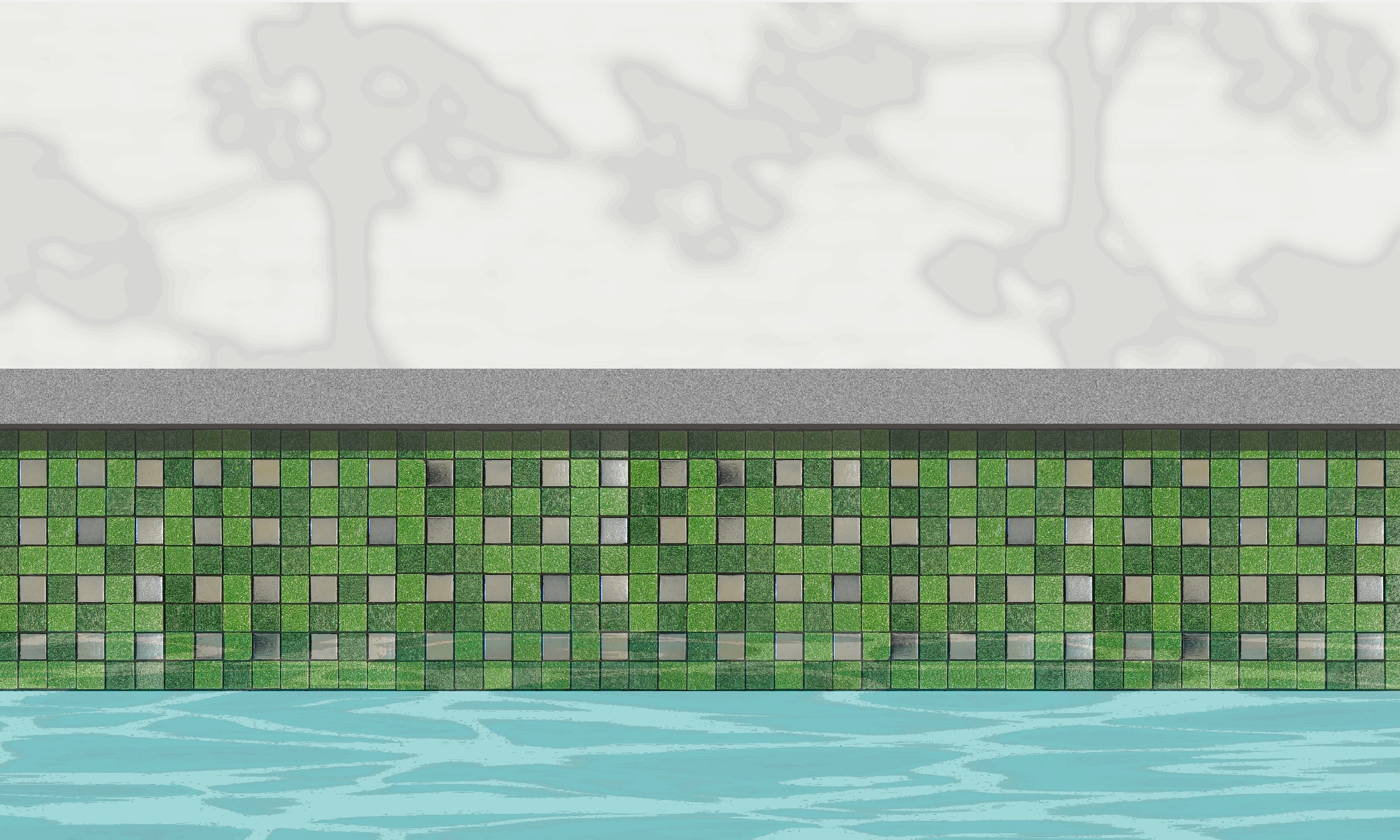 Parker E - modernism-inspired checkerboard glass mosaic waterline pool border tile - An illustration of green and metallic silver tiles in a punctuated grid installed along a pool edge, with blue water below and a plant shadow above.