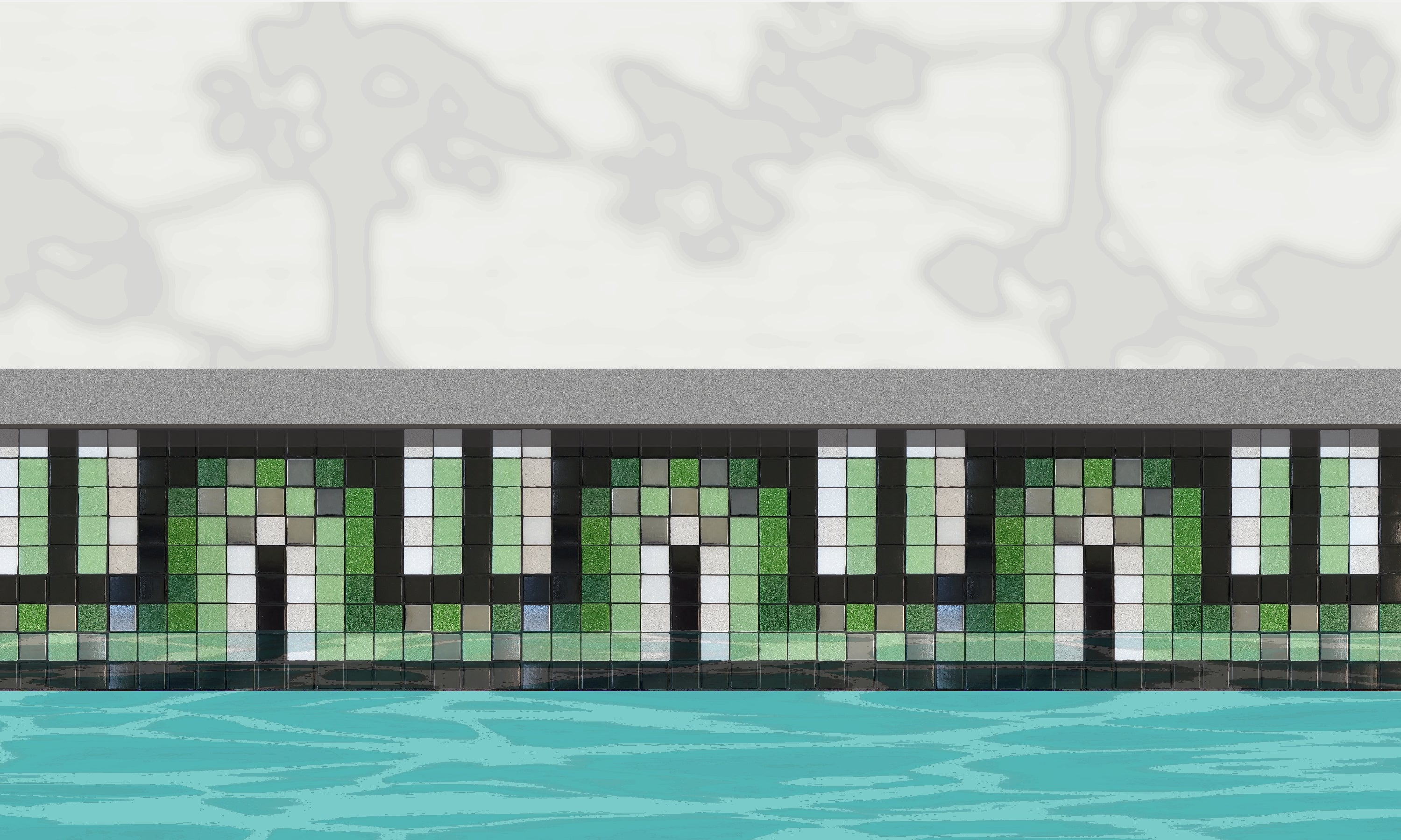 Peche AA - art deco-inspired glass mosaic waterline pool border tile - An illustration of glossy black, white, green and metallic silver tiles dance in a flowing S-curve, installed along a pool edge, with blue water below and a plant shadow above.