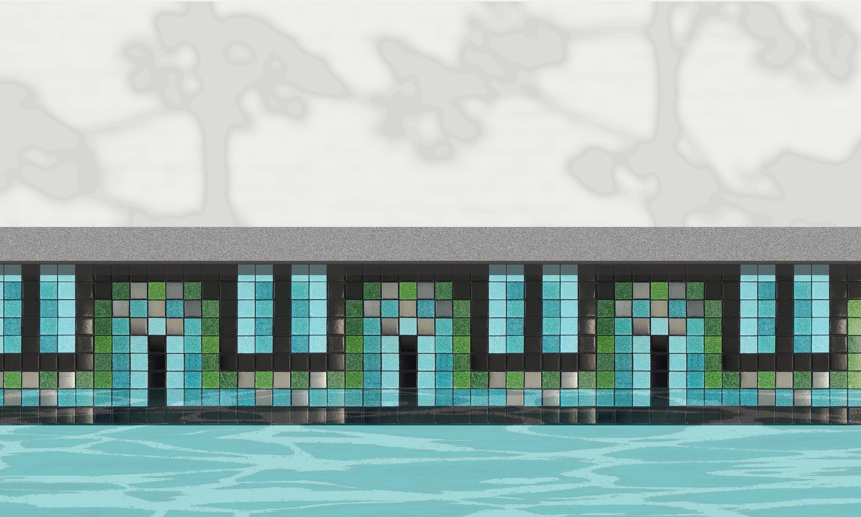 Peche AE - art deco-inspired glass mosaic waterline pool border tile - An illustration of glossy black, light blue, green and metallic silver tiles dance in a flowing S-curve installed along a pool edge, with blue water below and a plant shadow above.