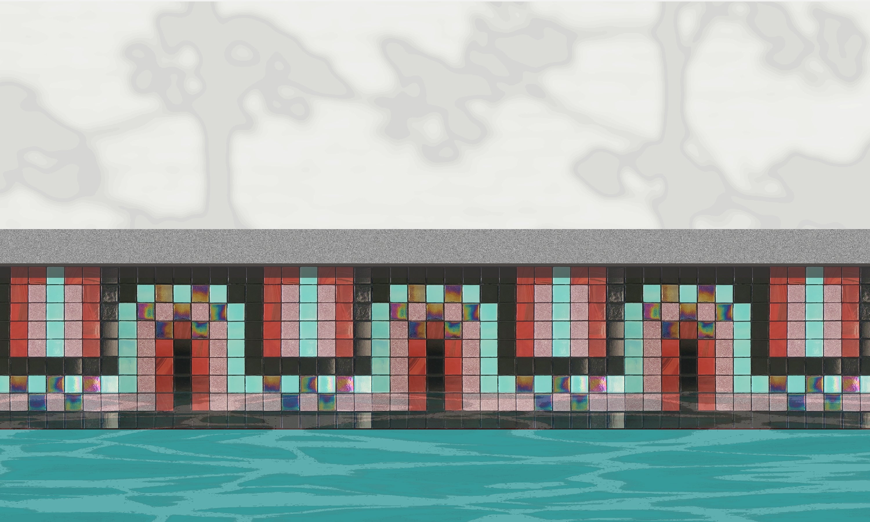 Peche H - art deco-inspired glass mosaic waterline pool border tile - An illustration of shiny black, iridescent aqua, brick red, and pink tiles dance in a flowing S-curve, installed along a pool edge, with blue water below and a plant shadow above.