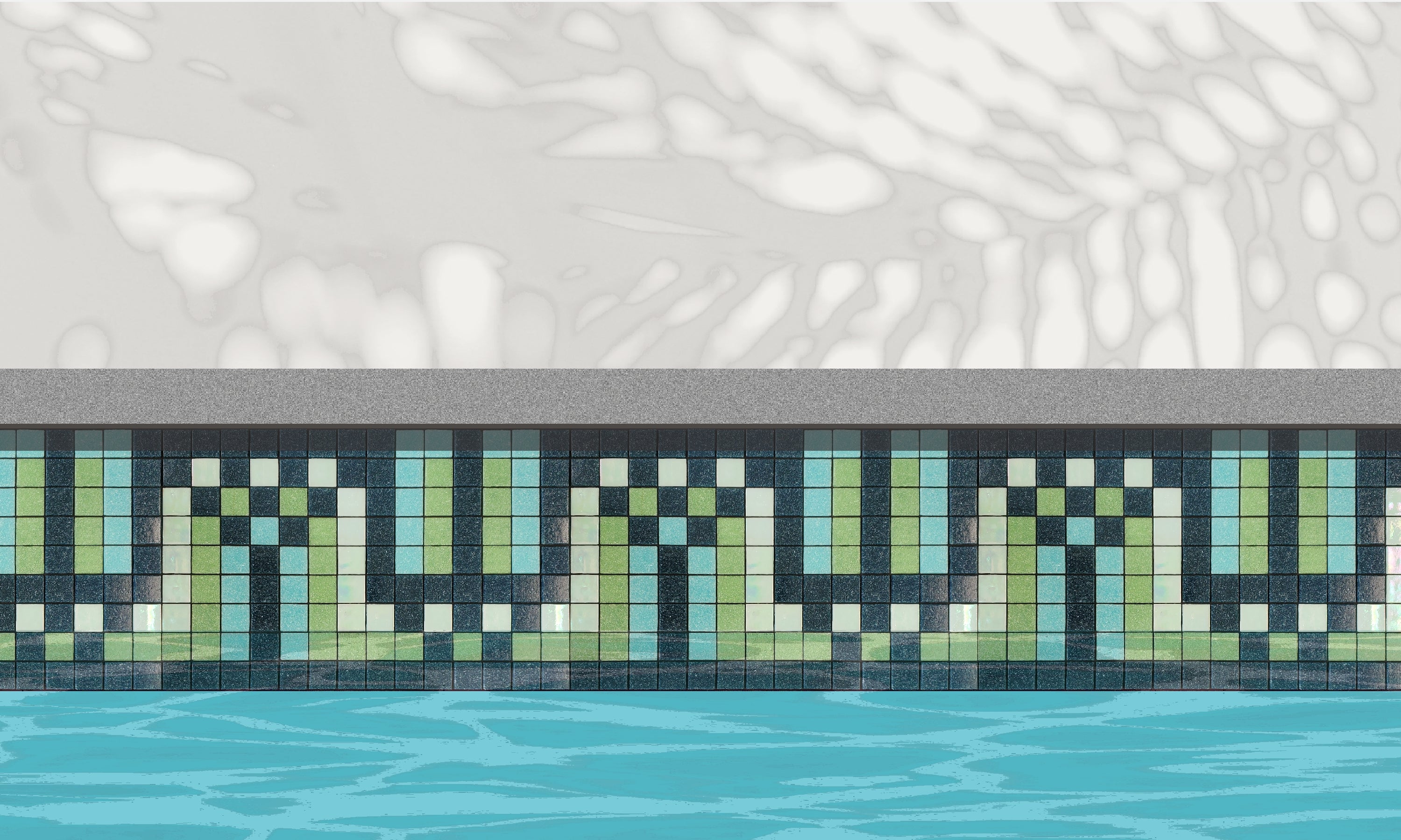 Peche Q - art deco-inspired glass mosaic waterline pool border tile - An illustration of navy, aqua, light green and iridescent white tiles dancing in a flowing S-curve installed along a pool edge, with blue water below and a plant shadow above.