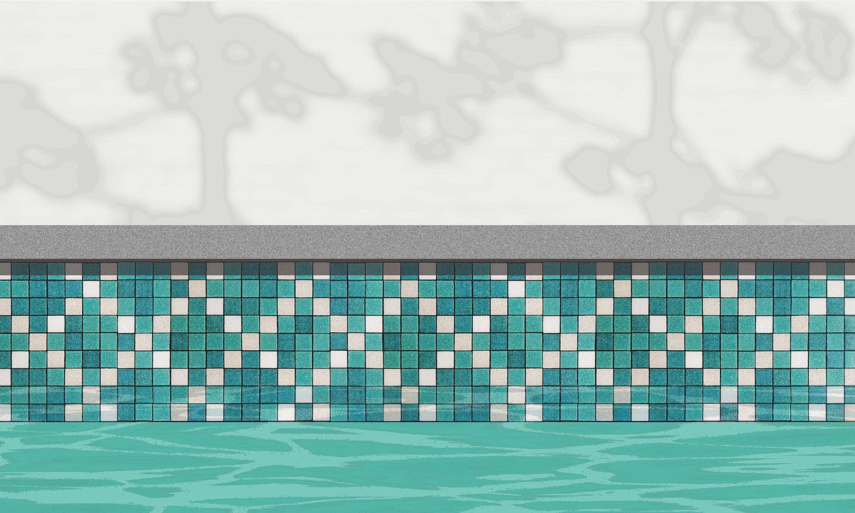 Souk AC - Moroccan-inspired glass mosaic waterline pool border tile - An illustration of teal and white tiles in an "x" pattern installed along a pool edge, with blue water below and a plant shadow above.