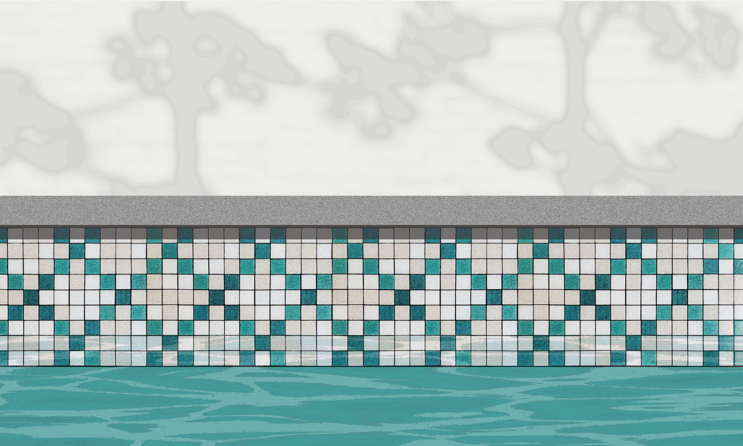 Souk AD - Moroccan-inspired glass mosaic waterline pool border tile - An illustration of teal and white tiles in an "x" pattern  installed along a pool edge, with blue water below and a plant shadow above.