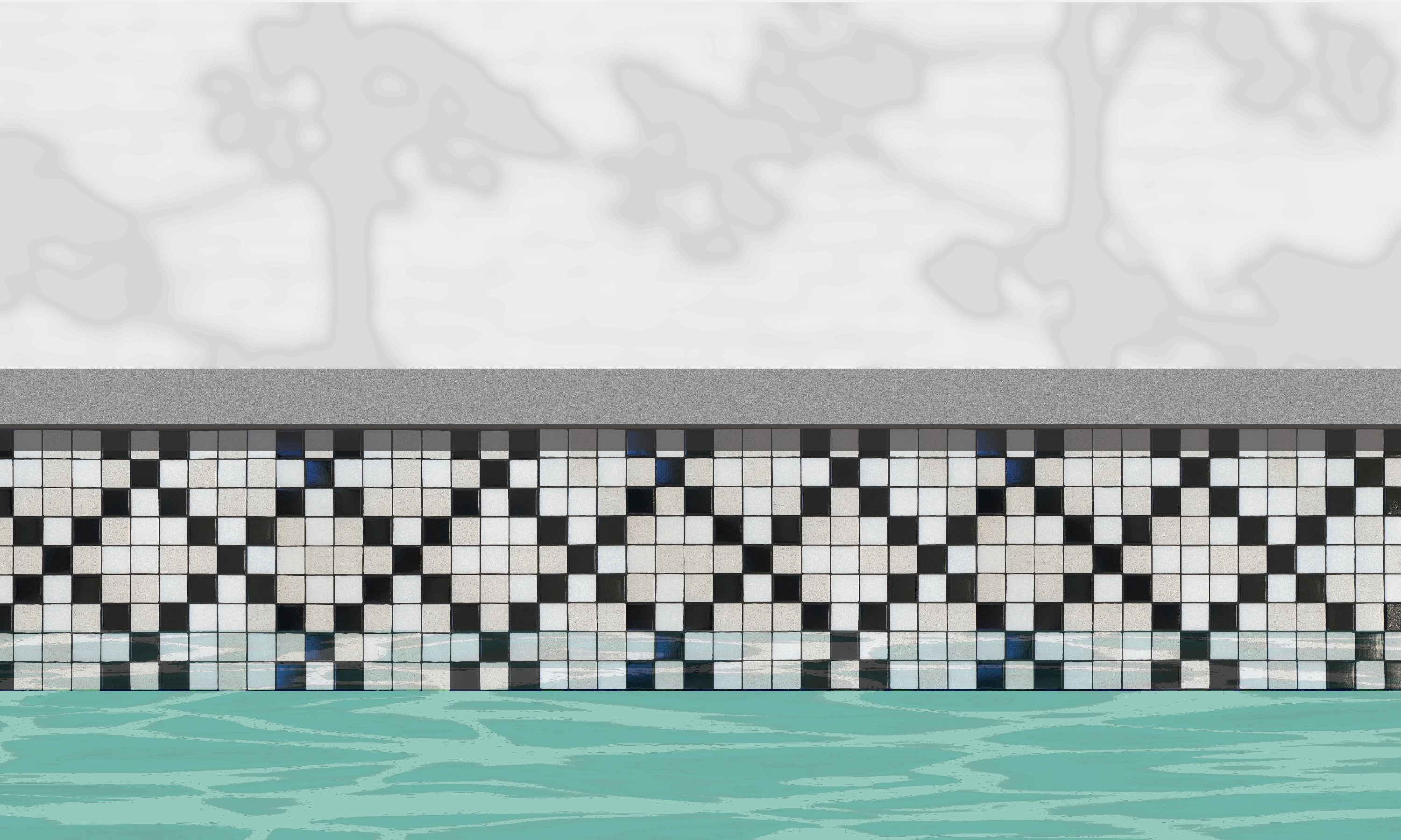 Souk I - Moroccan-inspired glass mosaic waterline pool border tile - An illustration of glossy black and white tiles in an "x" pattern installed along a pool edge, with blue water below and a plant shadow above.