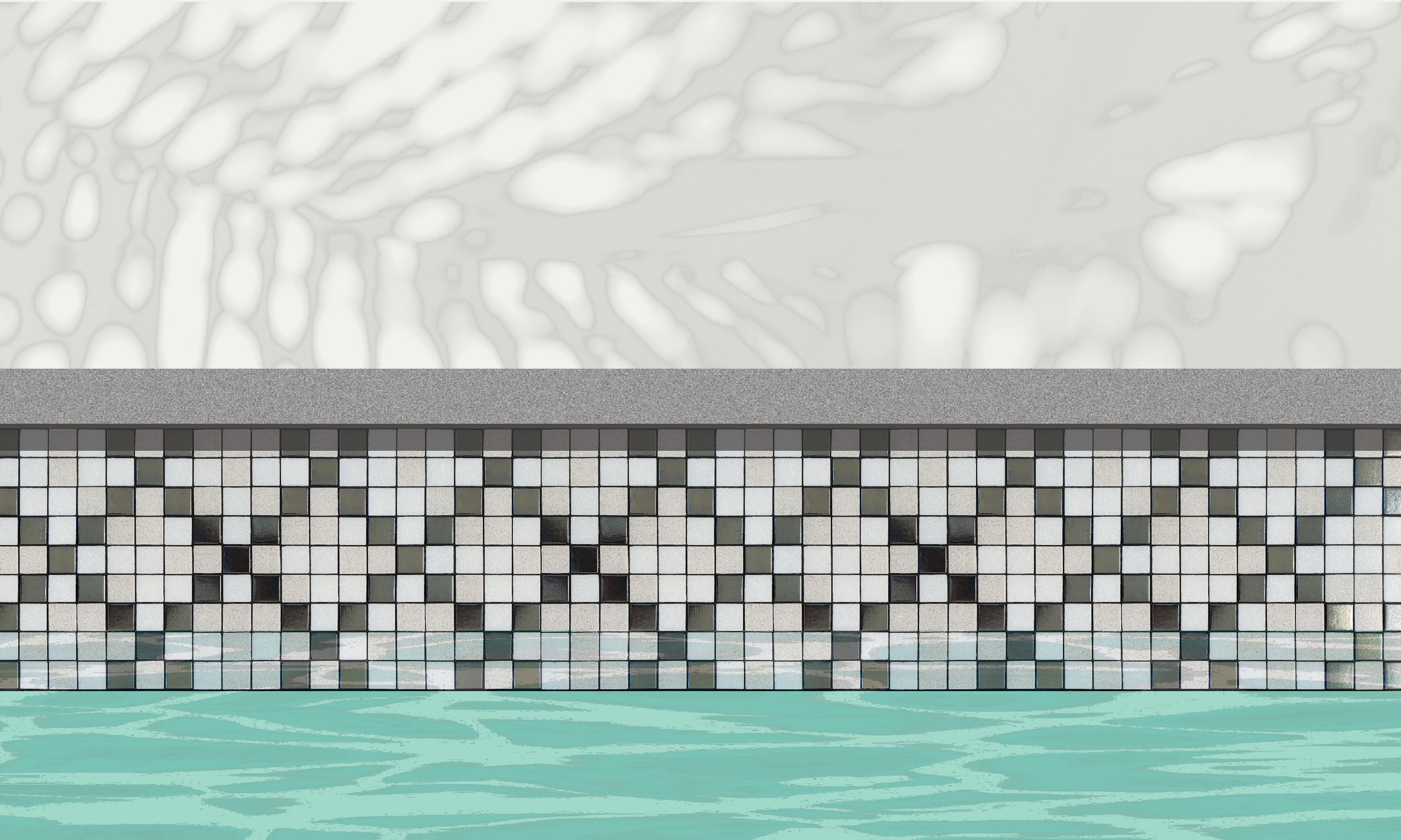 Souk K - Moroccan-inspired glass mosaic waterline pool border tile - An illustration of white and metallic silver tiles in an "x" pattern installed along a pool edge, with blue water below and a plant shadow above.