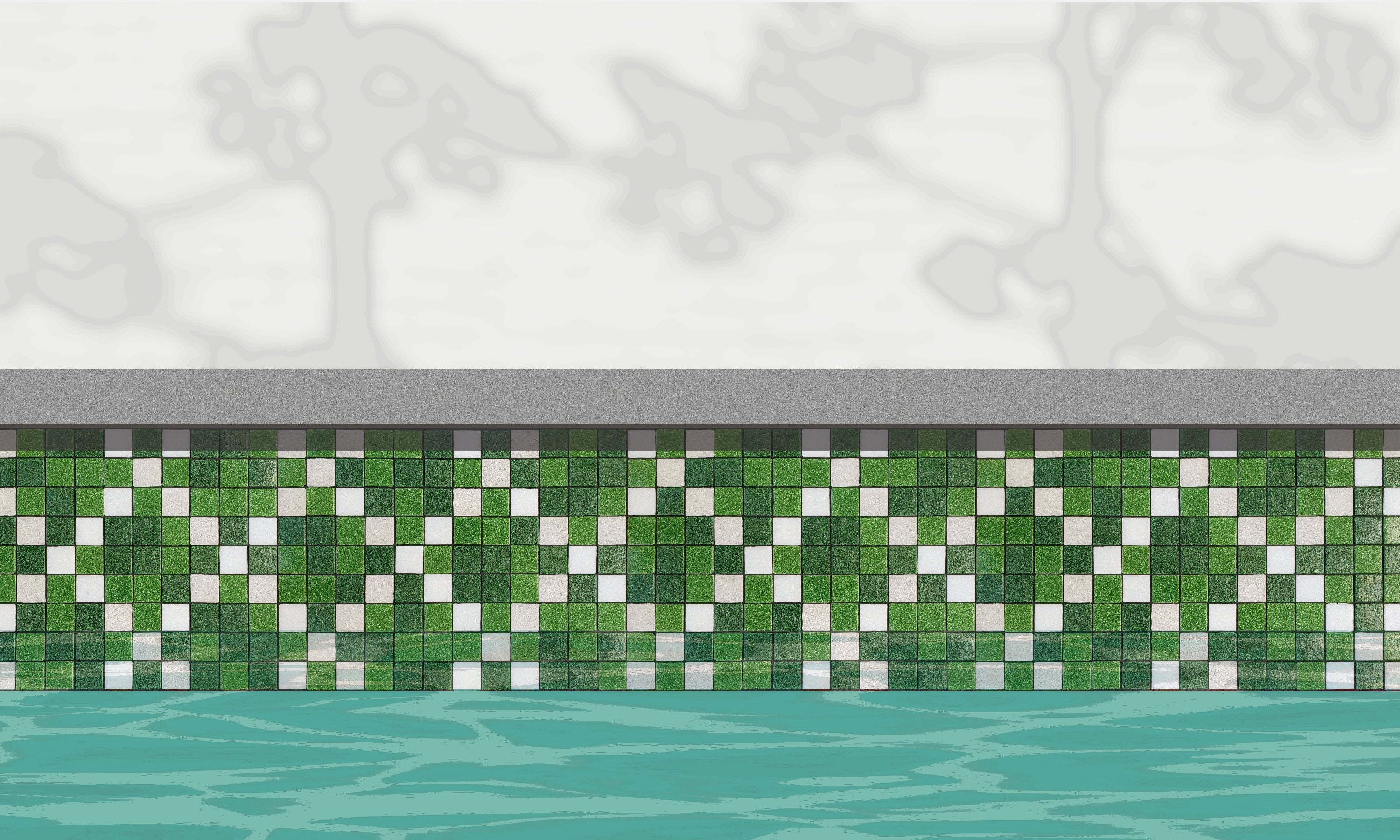 Souk N - Moroccan-inspired glass mosaic waterline pool border tile - An illustration of green and white tiles in an "x" pattern installed along a pool edge, with blue water below and a plant shadow above.