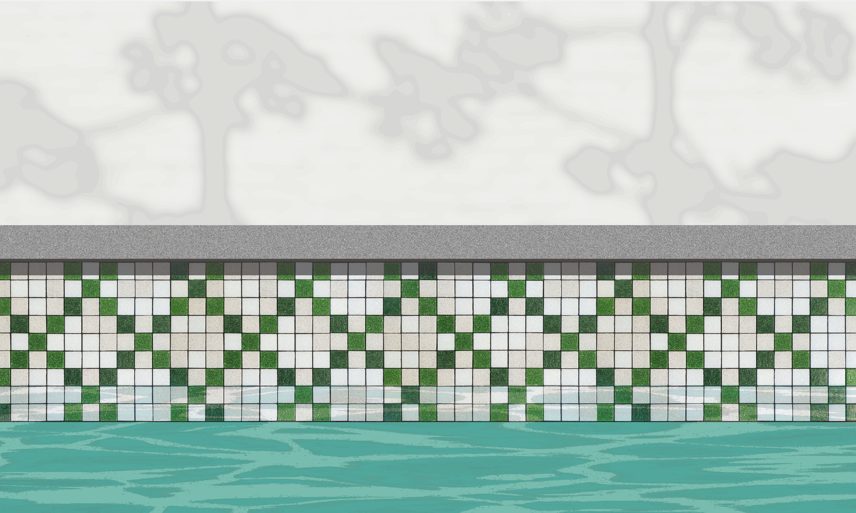 Souk P - Moroccan-inspired glass mosaic waterline pool border tile - An illustration of green and white tiles in an "x" pattern installed along a pool edge, with blue water below and a plant shadow above.