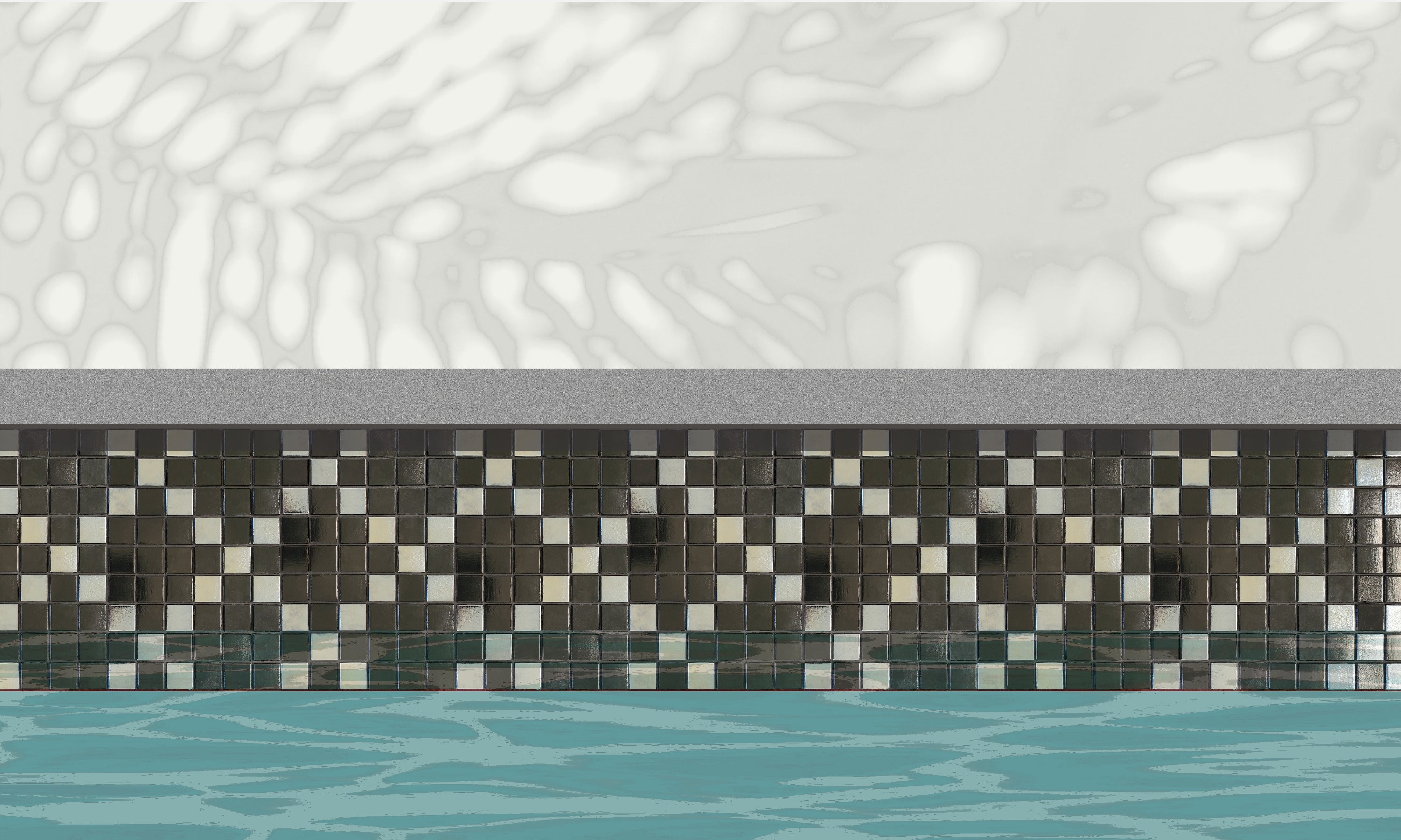 Souk  Q - Moroccan-inspired glass mosaic waterline pool border tile - An illustration of glossy black and metallic silver in an "x" pattern installed along a pool edge, with blue water below and a plant shadow above.