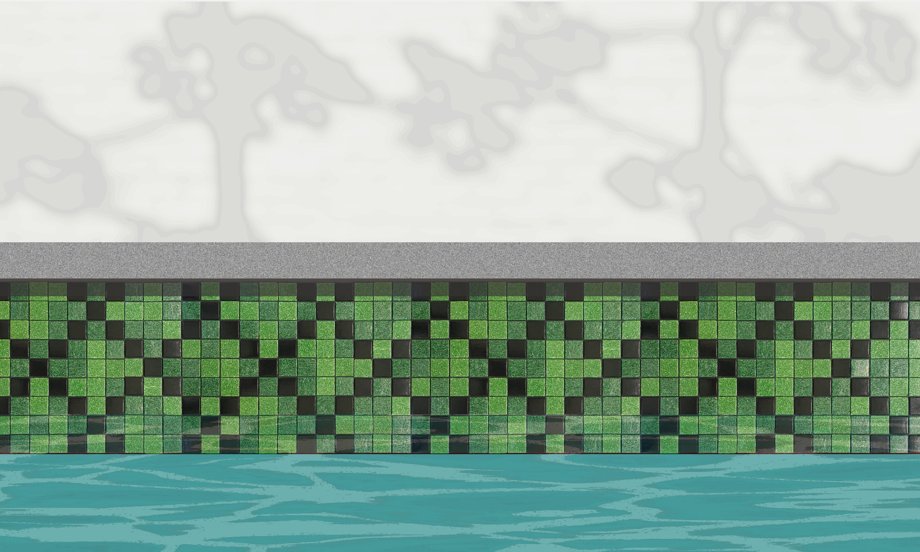 Souk Y - classic, Moroccan-inspired glass mosaic waterline pool border tile - 
An illustration of glossy black and green tiles in an "x" pattern installed along a pool edge, with blue water below and a plant shadow above.