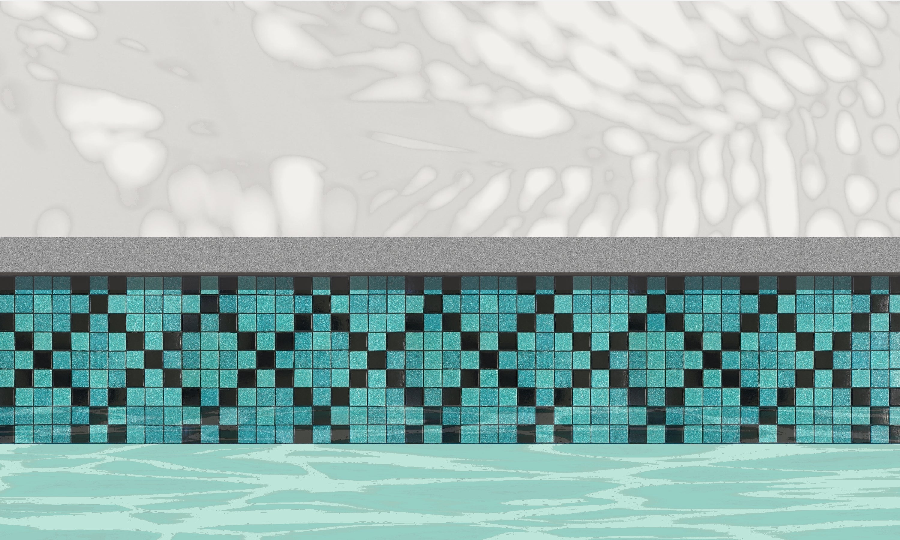 Souk Z - Moroccan-inspired glass mosaic waterline pool border tile - An illustration of glossy black and teal tiles in an "x" pattern installed along a pool edge, with blue water below and a plant shadow above.